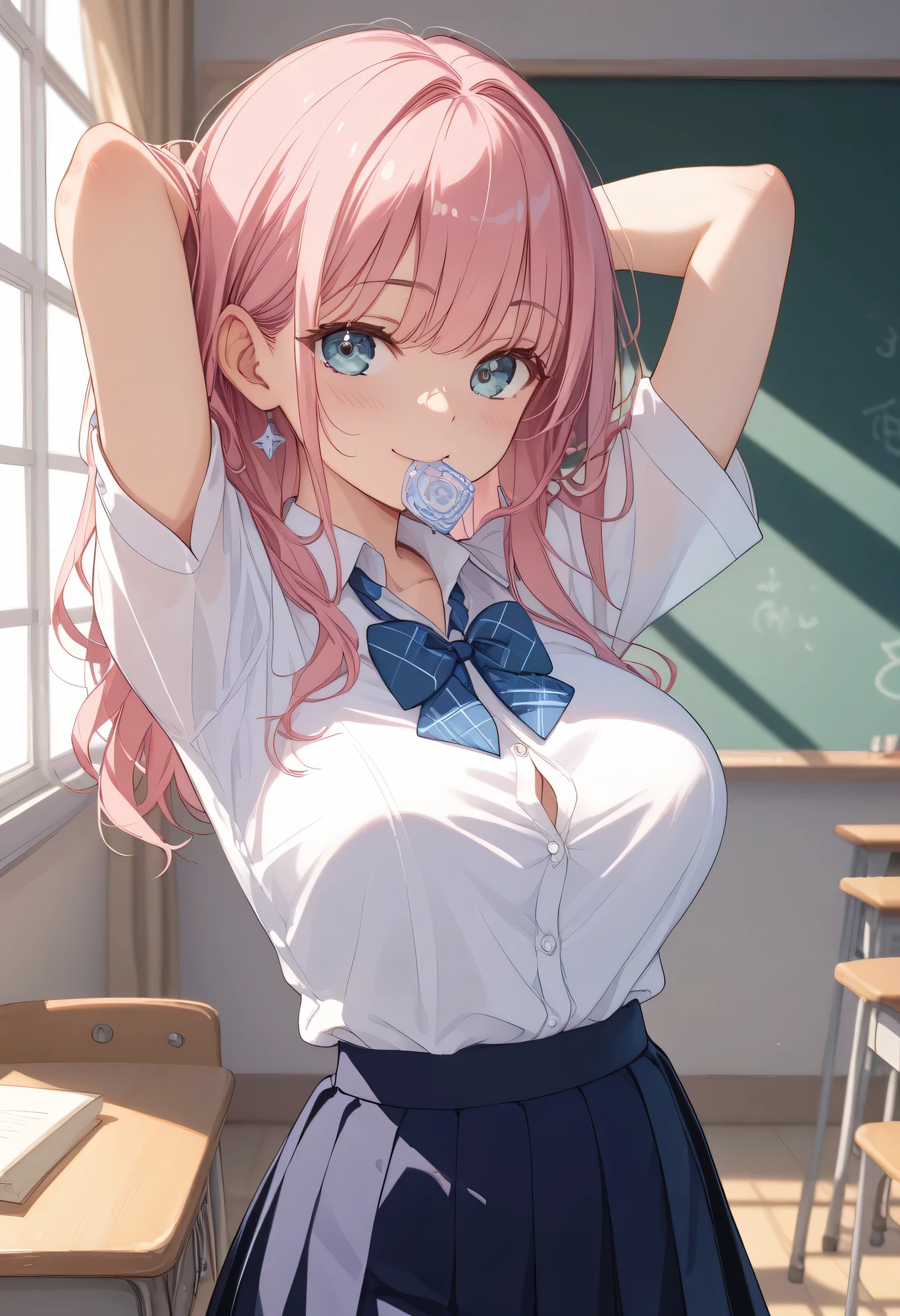 best quality、high resolution、masterpiece、 exquisite background 、Beautiful Girl、black hair、Big Breasts、High School Classroom After School 、wooden desk and chair、slightly open window、Spring breeze 、Classroom where the sun shines in softly after school、A quiet space with no one else、Happy Atmosphere、smile、
(Lightly put a pink hair elastic in her mouth:1.5)、
(girl trying to put her hair together by sliding her hands behind her head:1.5)、
dark blue pleated skirt on a white shirt、thin cardigan that keeps out the sun、loafers、shirt sleeves rolled up slightly casually、cute