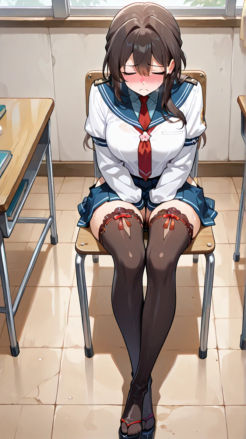 (Highly detailed CG unity 8k), (highest quality),(very detailed),(ultra high resolution), 1 female, white cloth gag, uniform, sailor suit, rope bondage, breasts rope bondage, hands back rope bondage, leg rope bondage, thigh rope bondage, (bust rope bondage:1.4), feet rope bondage, Arms behind the waist, bound wrists, shackles the ankles, gag with a white cloth, Dark blue skirt, Park bench, Blindfolded, Legs together, Tie your ankles, Black Hair, high school girl, (Black Stockings:1.4), Black garter belt, Brown Loafers, Crying face, (White headband:1.4), Blur the background,