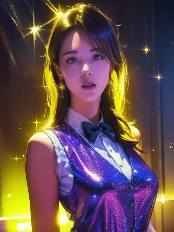 best quality, 8k, highly detailed face and skin texture, high resolution, sexy japanese girl in colorful suit, fantastic style background image, magical style, sharp focus
