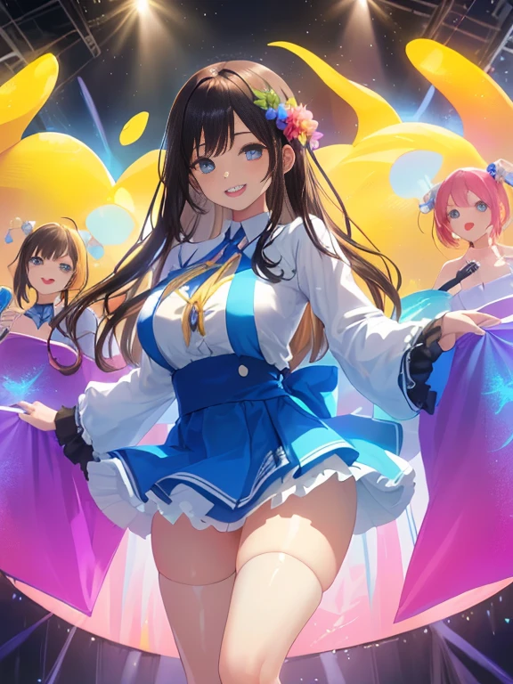 anime、Vibrant colors、Uplifting、3 beautiful girls、Bright clothes、Bright eyes、Sparkling eyes、Large Breasts、An innocent smile、A flower field、blue sky、rainbow、Petals are dancing、spring