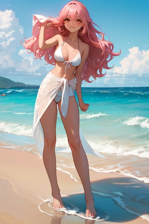 (HD,4k,masterpiece,best quality),look at viewer,arafian magazine cover with a woman in a white bikini and a teddy bear, main color are pink and white❤🔥🍄🌪,