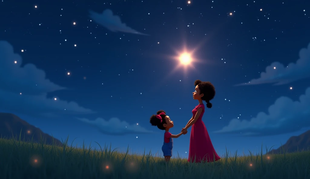 POV shot of black woman opening her arms to embrace a happy black baby flying towards her, in a garden of blue and violet roses, bright and vibrant blue sky, animation style in form of makoto shinkai, 32k, ultra HD, unreal engine rendered,