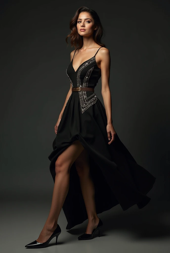 beautiful petite brunette goddess, flirty, portrait, professional photography, a woman wearing a grey satin dress with a belt, ((suede boots)), (((solo))), jewellery, necklace, full body, looking at viewer, long hair, ((dark eyeshadow)), ((greek style dress with black pantyhose)), relaxed pose, 50mm, roman ruins, elegant, modest, suede boots