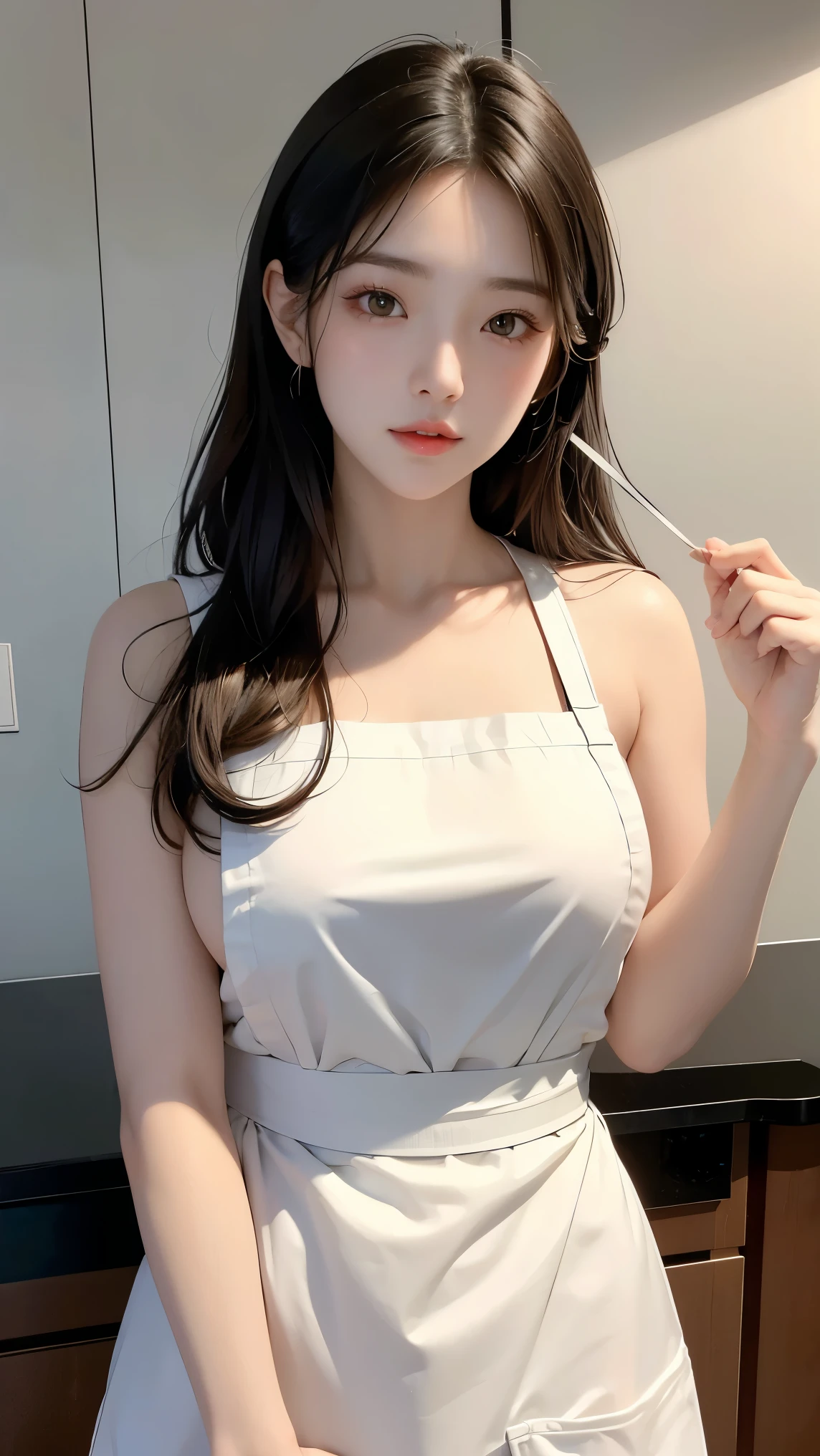 masterpiece, high resolution, very accurate anatomical structure, ((very high detail 1.9)), ((Ultra high definition 1 .9)), ((Ultra high quality 1 .9)), (perfect lighting), Beautiful Korean Beauty, Sexy Face, very pretty face, Femme Fatale, Native Address, Korean woman, shiny hair, XX color hair, XX color apron, sexy apron, nude apron, naked, ma'am, breakfast, naked에 앞치마만 입고, very big in the card, Very Big Round Breasts, deep chest , fair white skin, sparkling white skin, Showing the chest , choker accessory, Accessory , slim and sexy body, beautiful eyes and various colors, beautiful eyes described in detail, Perfectly Symmetrical Eyes, sparkling eyes, light pink blusher , long eyelashes, eyeshadow, beautiful belly, beautiful abs, beautiful ribs , Big butt, beautiful bridge, Staring at the camera, Thick lips, Shiny and shiny lips, unbearable expression, sexually aroused expression, Staring at the Camera, Various facial expressions