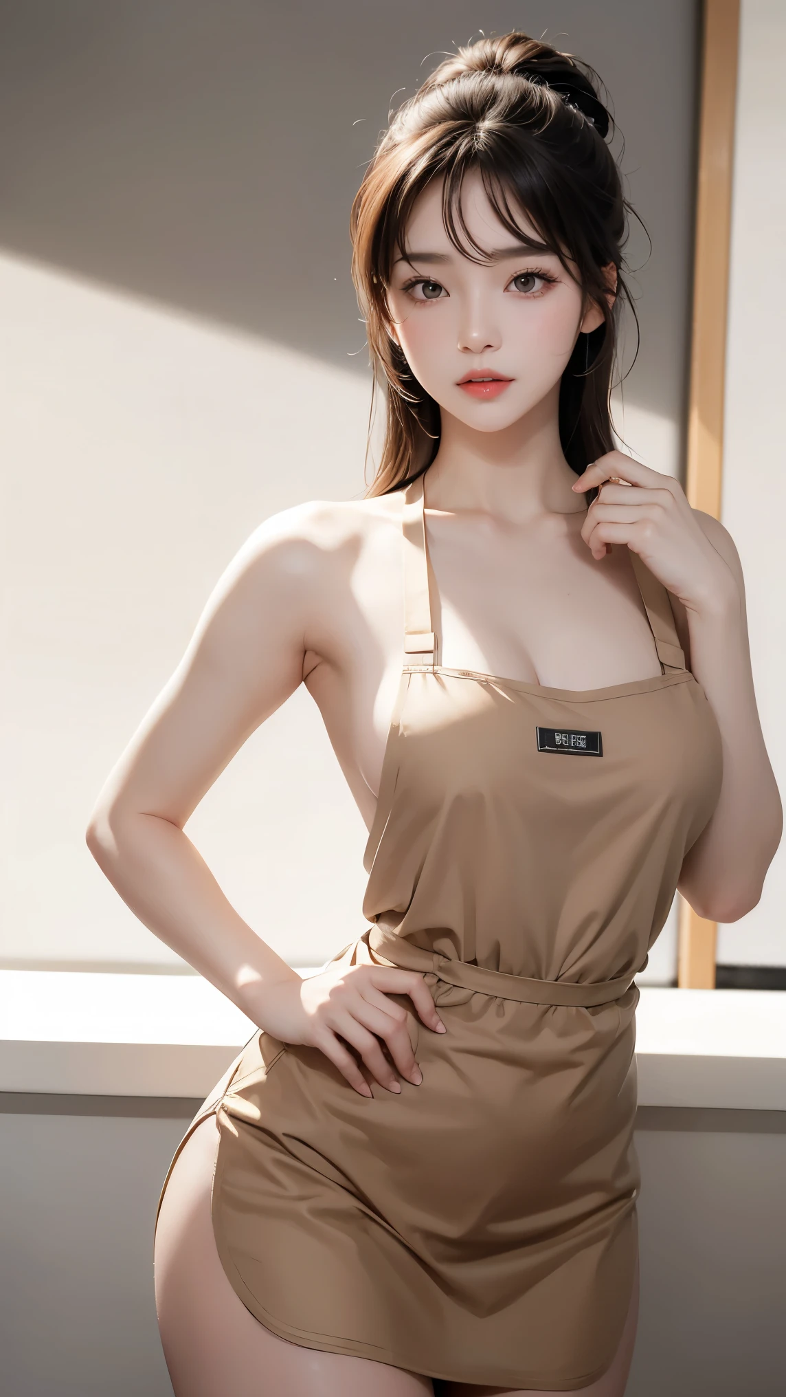 masterpiece, high resolution, very accurate anatomical structure, ((very high detail 1.9)), ((Ultra high definition 1 .9)), ((Ultra high quality 1 .9)), (perfect lighting), Beautiful Korean Beauty, Sexy Face, very pretty face, Femme Fatale, Native Address, Korean woman, shiny hair, XX color hair, XX color apron, sexy apron, nude apron, naked, ma'am, breakfast, naked에 앞치마만 입고, very big in the card, Very Big Round Breasts, deep chest , fair white skin, sparkling white skin, Showing the chest , choker accessory, Accessory , slim and sexy body, beautiful eyes and various colors, beautiful eyes described in detail, Perfectly Symmetrical Eyes, sparkling eyes, light pink blusher , long eyelashes, eyeshadow, beautiful belly, beautiful abs, beautiful ribs , Big butt, beautiful bridge, Staring at the camera, Thick lips, Shiny and shiny lips, unbearable expression, sexually aroused expression, Staring at the Camera, Various facial expressions