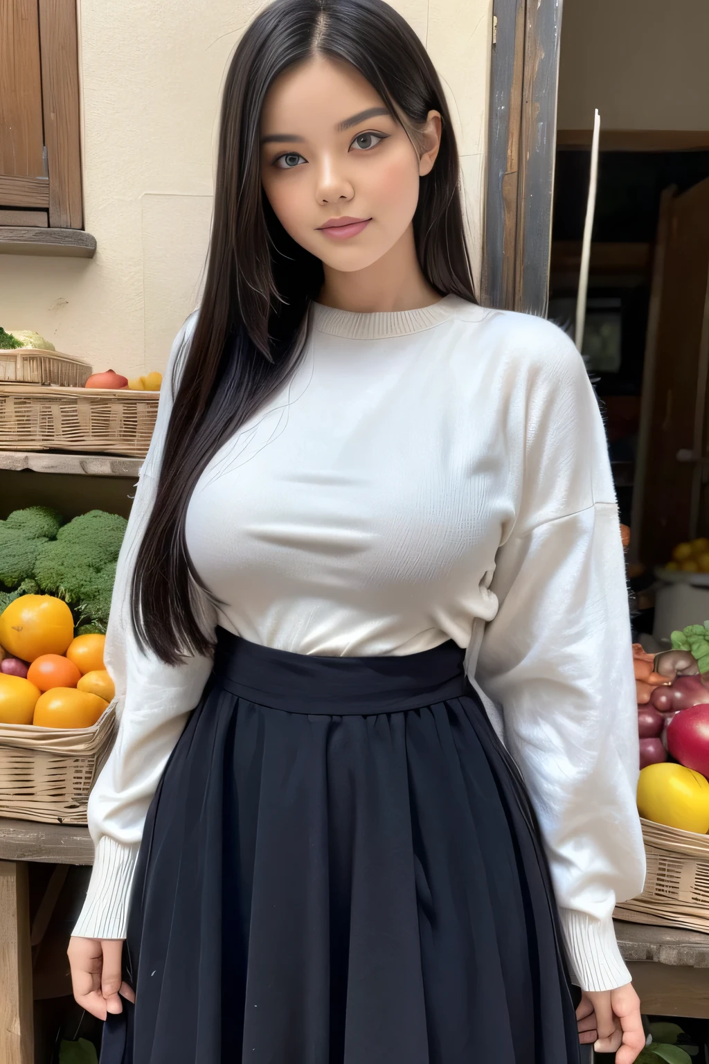 1 girl, solo, black hair, The village girl was selling vegetables in the market, using a skirt of fabric and wearing a white tangtop labelled 'TOBRUT BAIIK'