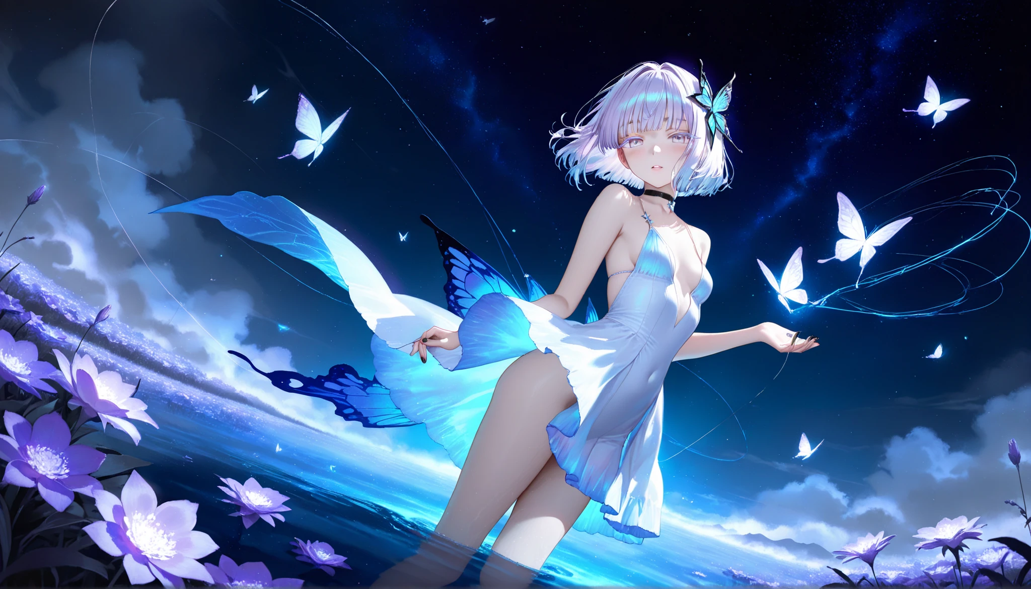 a fairy, delicate horns, in profile, white hair, long sideburns, short bob hair, eyes with different colors, cleavage, butterfly wings, colorwater, colofull, full body, (((sitting only in panties with her feet in the water extremely bluish))), fireflies light up the night, big ass, thick legs, {extremely detailed 16k CG unit wallpaper}, expansive landscape photography, (a view from below with focus on the character and the sky above), ( wide open field view), (low angle shot), (high light: 1.1), (low light: 1.5), (warm light source: 1.2), complex details, (iridescent colors: 1.5), (bright lighting ), (atmospheric lighting), dreamy, unique, fairy tale