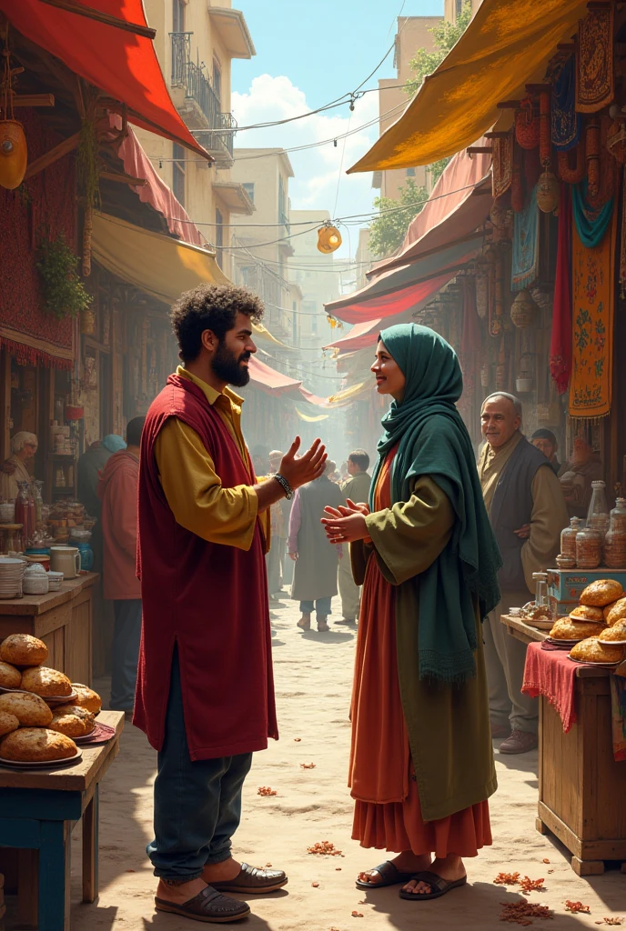 A Muslim man, with his  and wife coming out of the door of the house and holding a bag of sweets together. And her old mother sat in the door and looking at them in desperate. 