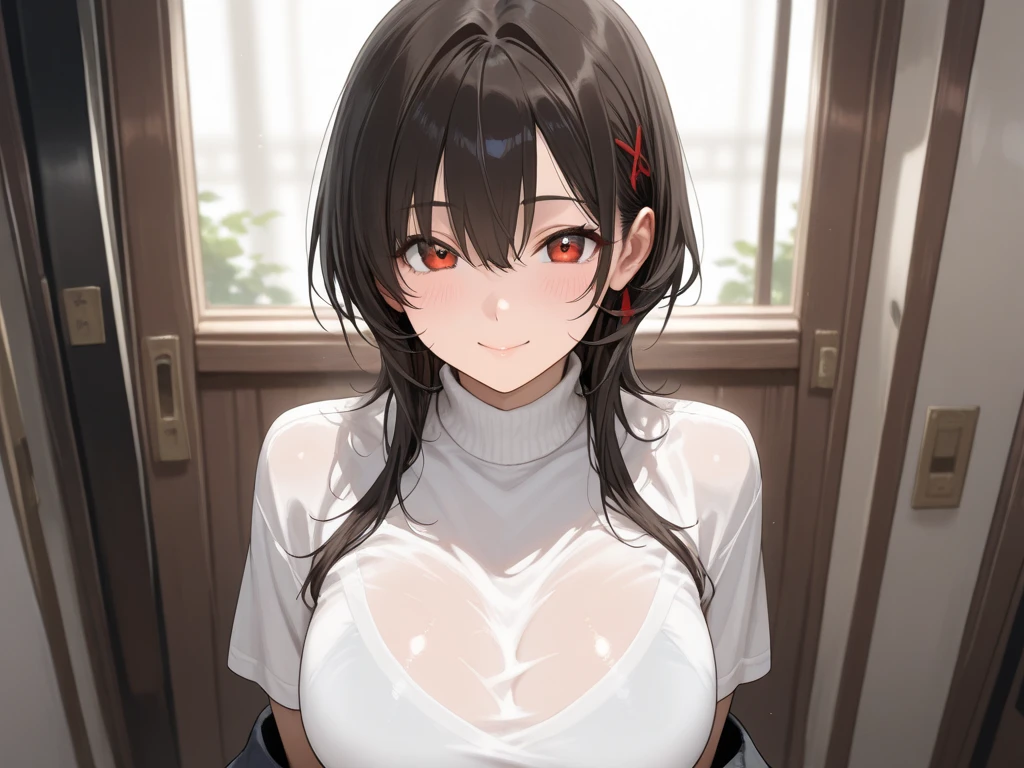 Masterpiece,Highest quality,8k,Ultra-high resolution,appropriate margins,lighting,BREAK,1 person,Very beautiful adult woman,Slim body,Very ample large breasts,Deep cleavage,Moisturized Skin,BREAK,Black Hair,short hair,unkempt,(No bangs),(Show your forehead),mascara,Red eyeliner,Light pink lip,Thin teak,Thick upper eyelashes,Thin eyebrows,BREAK,Red eyes,BREAK,Embarrassed,Shy smile,BREAK,((Japanese style kimono)),BREAK,Eye contact