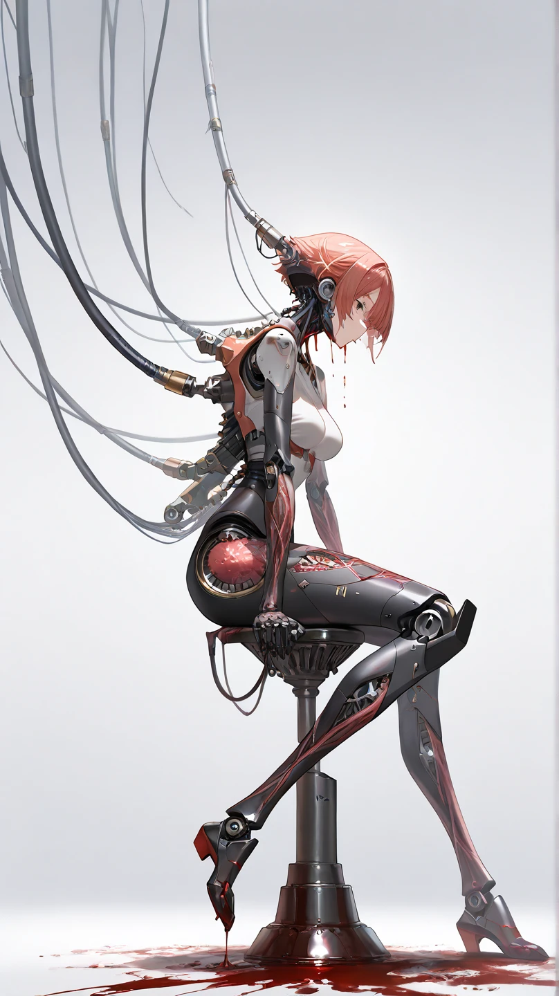 (Masterpiece, Top Quality, Best Quality, Official Art, Beautiful Indulgence: 1.2), (1 Girl: 1.3), Very Detailed, Colorful, Supreme Detail ((Ultra Detailed)), (Highly Detailed CG Illustration), (Very Delicate and Beautiful)), (From the Side), Cinematic Light, (1 Machine Girl)), Solo, Full Body, (Mechanical Joints: 1.2), ((Mechanical limbs)), (Blood vessels connected to tubes), ( Mechanical vertebrae attached to the back), ((Mechanical cervical vertebrae attached to the neck)), expressionless, (Wires and cables attached to the neck: 1.2), (Head wires and cables: 1.2) (Character focus), (Lower body integrated with mechanical devices), Science fiction, White background, (Blood: 1.5), cruelty, absurdity, erotic rotesque, fusion with machines
