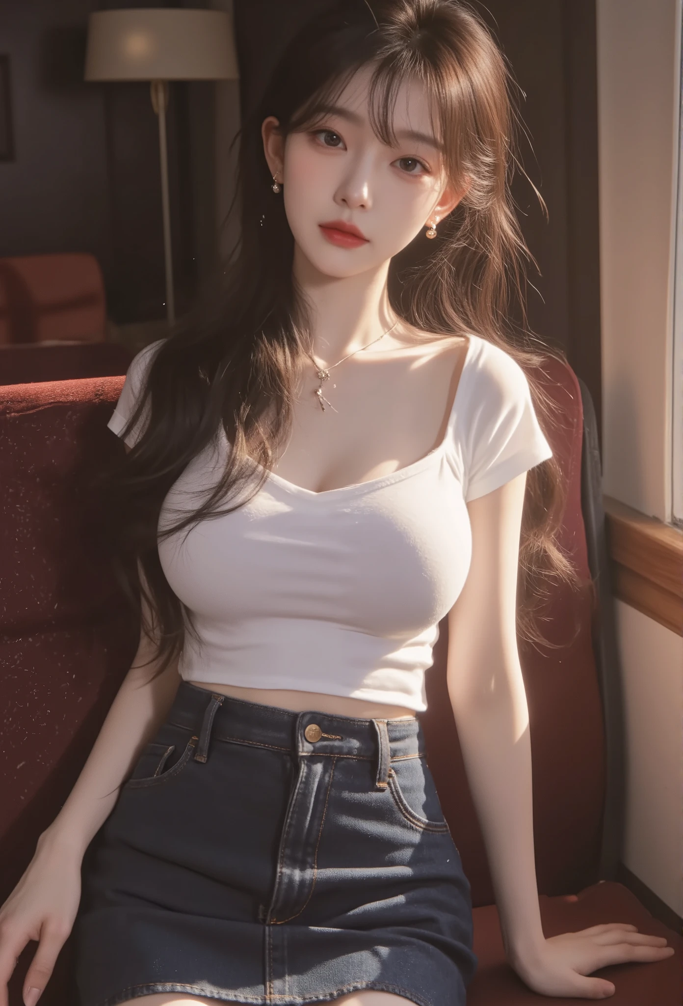 (((neat woman, peek-a-boo、(cowboy shot),(feeling horny:1.6),(natural big droopy eyes:1.8,tareme:1.8,cheek:1.3),(((tempting erotic leaning forward a little:1.5),crossed arms lower),(very huge breasts:1.8,huge breasts),(kind little smile:1.5),blush:1.8))),please touch me,eat me,tempting viewer,i want you))),(((blush,blush)))),(cinematic lighting), (Photo real:1.4)、(A hyper-realistic:1.4)、(Photorealistic:1.3)、 (gentle lighting: 1.05)、(Improve the lighting quality of your video:0.9)、 32k、25years old woman、photorealistic lighting、Back lighting、Facial Lights、Ray Trace、(bright:1.2)、(Increase quality:1.4)、 (best quality real texture skin)、Fair eyes,delicate face、 Close-up of the face, ((((Wearing the tight vneck white tshirt,thin fabric,tight double pencil midium denim skirt,short slit,(braless)),charcoal grey high-heel:1.4))),(Bodyline mood improvement:1.1)、Glossy skin、good figure,perfect anatomy,Beautiful actress,((((beautiful very huge soft breasts:1.8),slender waist,slender hip,long slender legs,8heads tall))),(((8heads tall))),(((midium very wavy ponytail hair,(sweep the bangs to the side:1.5)))),(((sweat skin,shiny skin,in the awesome night city train,super clean night view,in the night))),