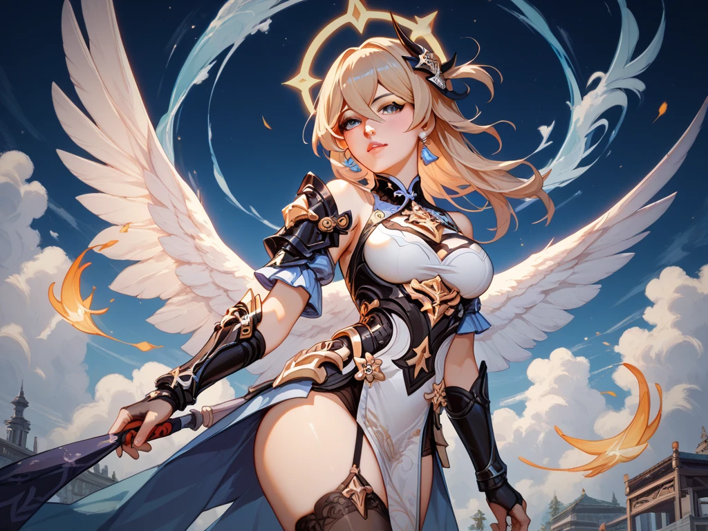 (offcial art、Best quality、Unity 8k壁紙、32K、tmasterpiece、ultra - detailed、超高分辨率、The best illustrations、Very ridiculous:1.2)、(电影灯光:1.2)、Fire glow effect、Film Particle、The best shadow、edge lit、side lights、(Ultra-detailed and complex 3D renderings)、Delicate beautiful face and eyes、Sharp pupils、realistic student、The slender one、1Man Woman、medium chest circumference、(Full body lesbian:1.2)、 beauitful face、Beautiful girl of 、(Ultra-delicate skin、detailed skin textures:1.3)、(Silver blonde、Blue-silver hair:1.3)、holy paladin、Long hairs、bluntbangs、Green-eyed、pigtails、(blue armor、Blue boots、hair adornments、inlaid gemstones、gold embroidery)、The slender one、mini-skirts、(upper legs, upper legs, upper legs:0.8)、(Chis、in a house、stained glass art、Large pipe organ、Hello、mistic、Lots of feathers floating、Angelic、There are angel wings on the back、Light particles、Serious、Sunshine is、Colorful、like a dream:1.2)、(like a dream:1.3)、(Holding the holy sword:1.0)、like a dream、