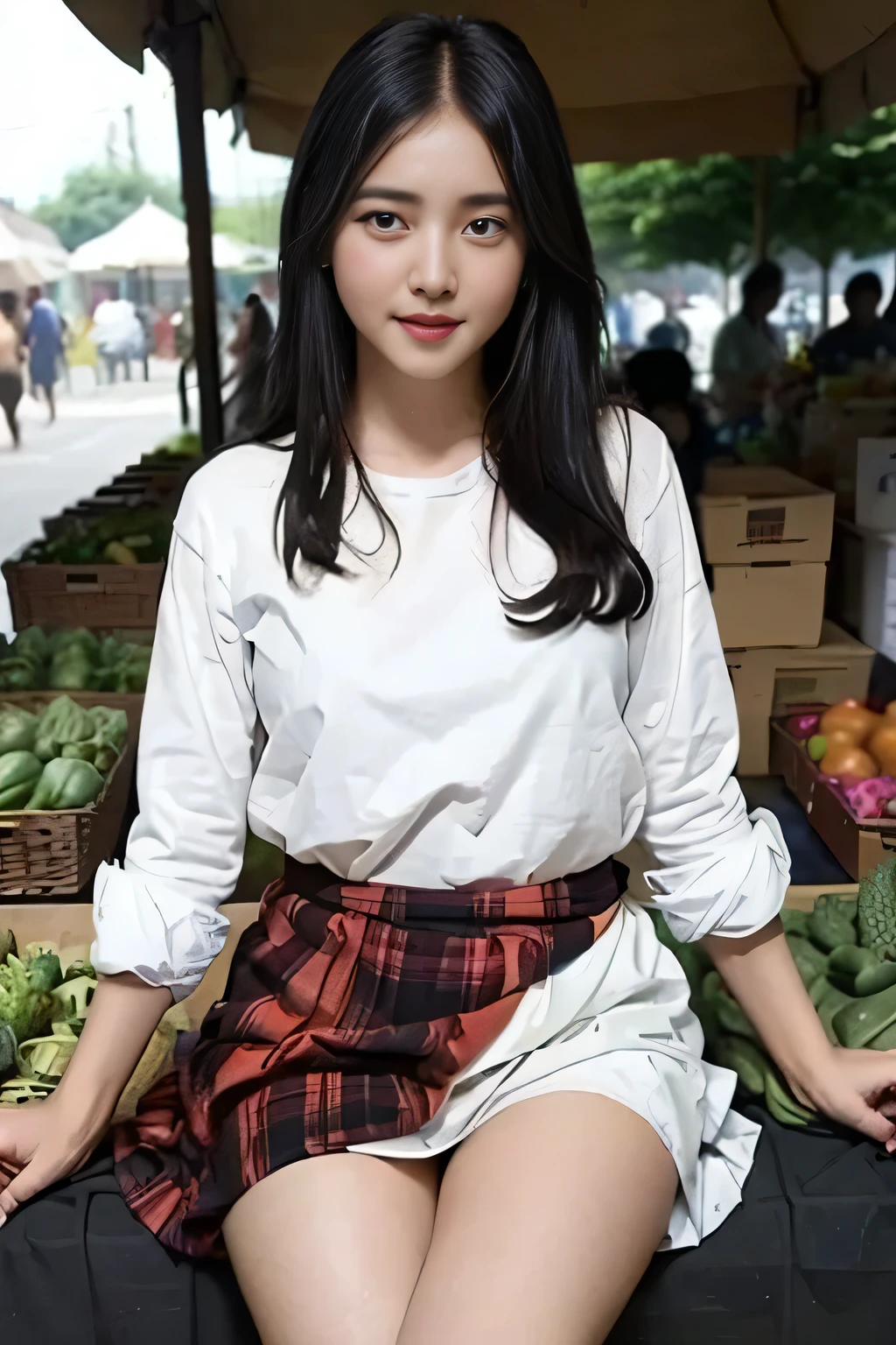 1 girl, solo, black hair, The village girl was selling vegetables in the market, using a skirt of fabric and wearing a white tangtop labelled 'TOBRUT BAIIK'