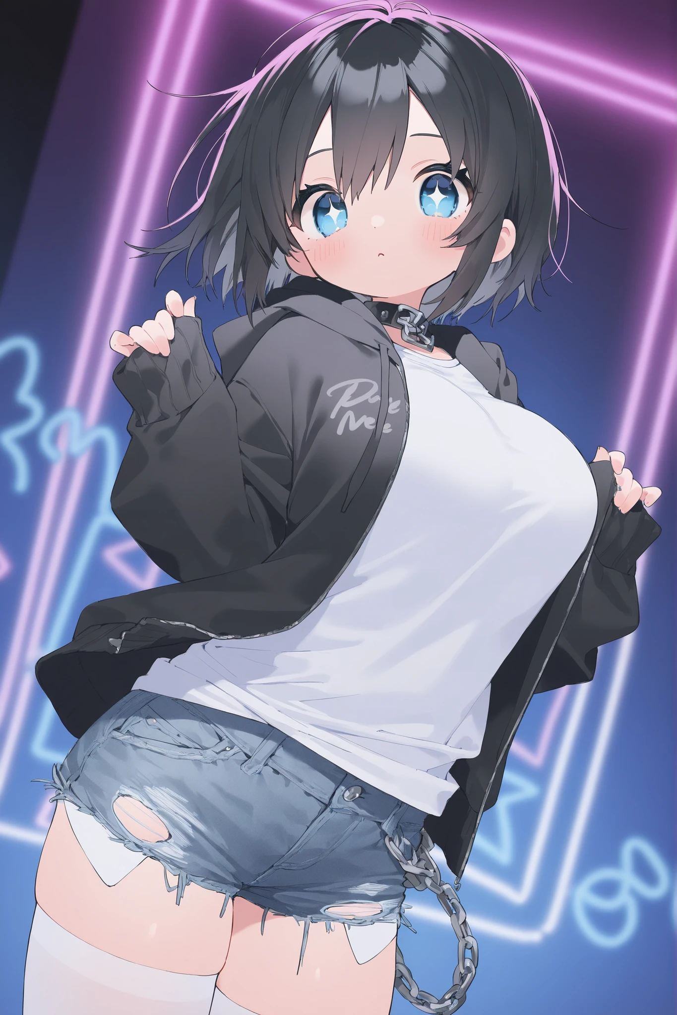 Highest Quality、8k、Highly detailed image、sharpness、dynamic angle、cowboy shot、Nightclub with sparkling neon lights、Clubhouse Indoor、standing、 lori、blue eyes、Big Breasts、Beautiful Girl、1 cute girl、Sexy and cute poses、black hair、Black Open Front Hoodie、T-shirt、Very Short Denim Damaged Hot Pants、white tights、The chain accessory is one point、punk stylish clothes、