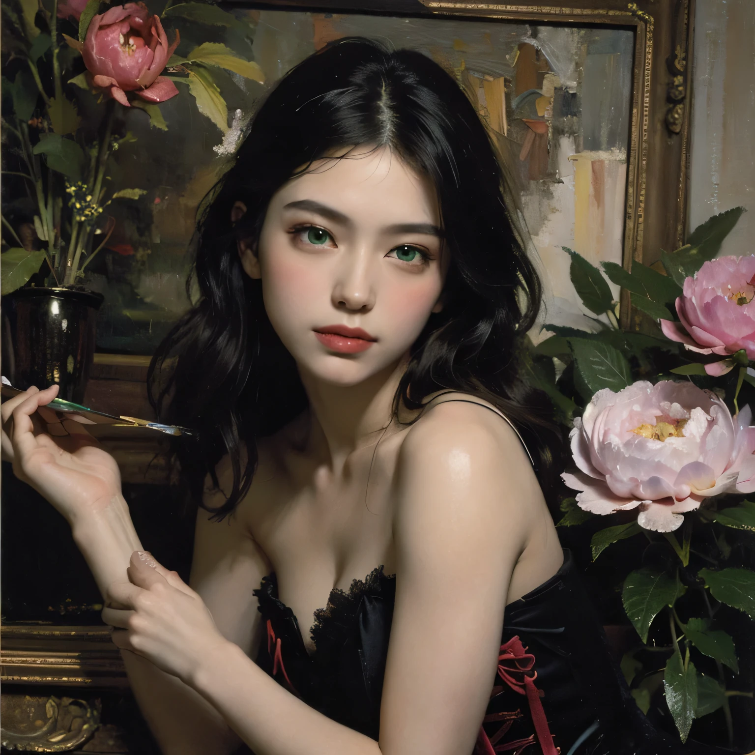 Chiaroscuro of Caravaggio,Math、Astronomical utensils,astronault,Roses in a vase,fruits,cute little,A smile,Ancient Greek costumes,Paintings by Sandro Botticelli,Costume with stretched shoulders,huge smile,large full breasts,Ecstasy expression,A sexy,erotick,Seduce you,Underwear