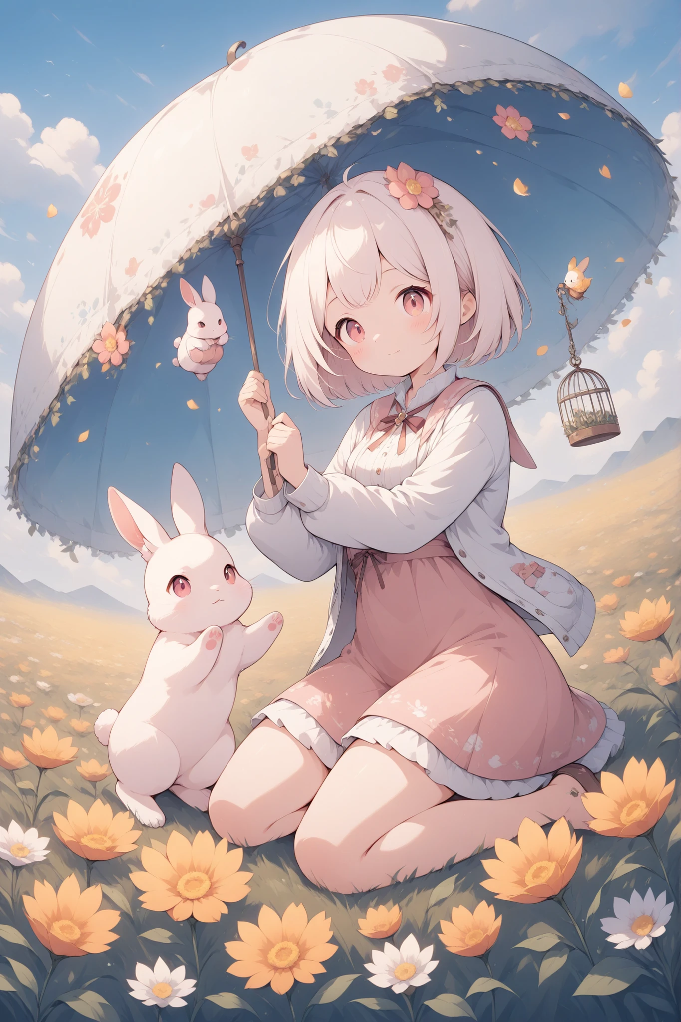 thin and soft painting style, warm sunshine 、Flower Field、Rabbit in a cage、Cute Rabbit