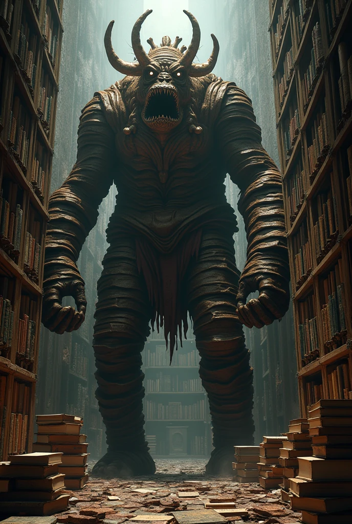 A huge monster made of books standing in destroyed library