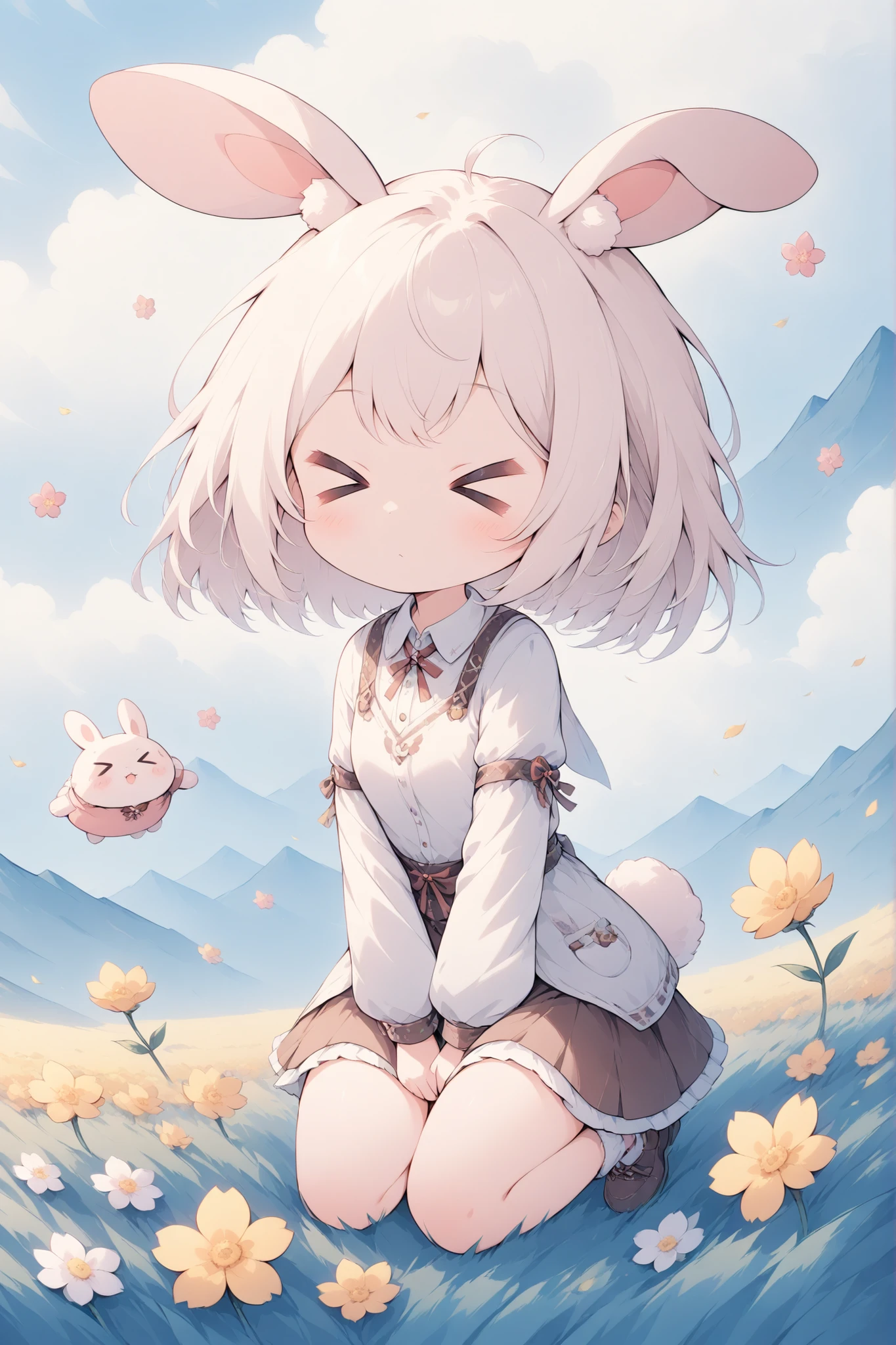 thin and soft painting style, warm sunshine 、Flower Field、Cute Rabbit、Sprint、>_<