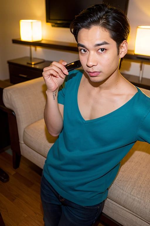 An Asian man with long blue hair is sensually posing in front of the camera, his body is tattooed and he is wearing a mini pink boxer with a big bulge