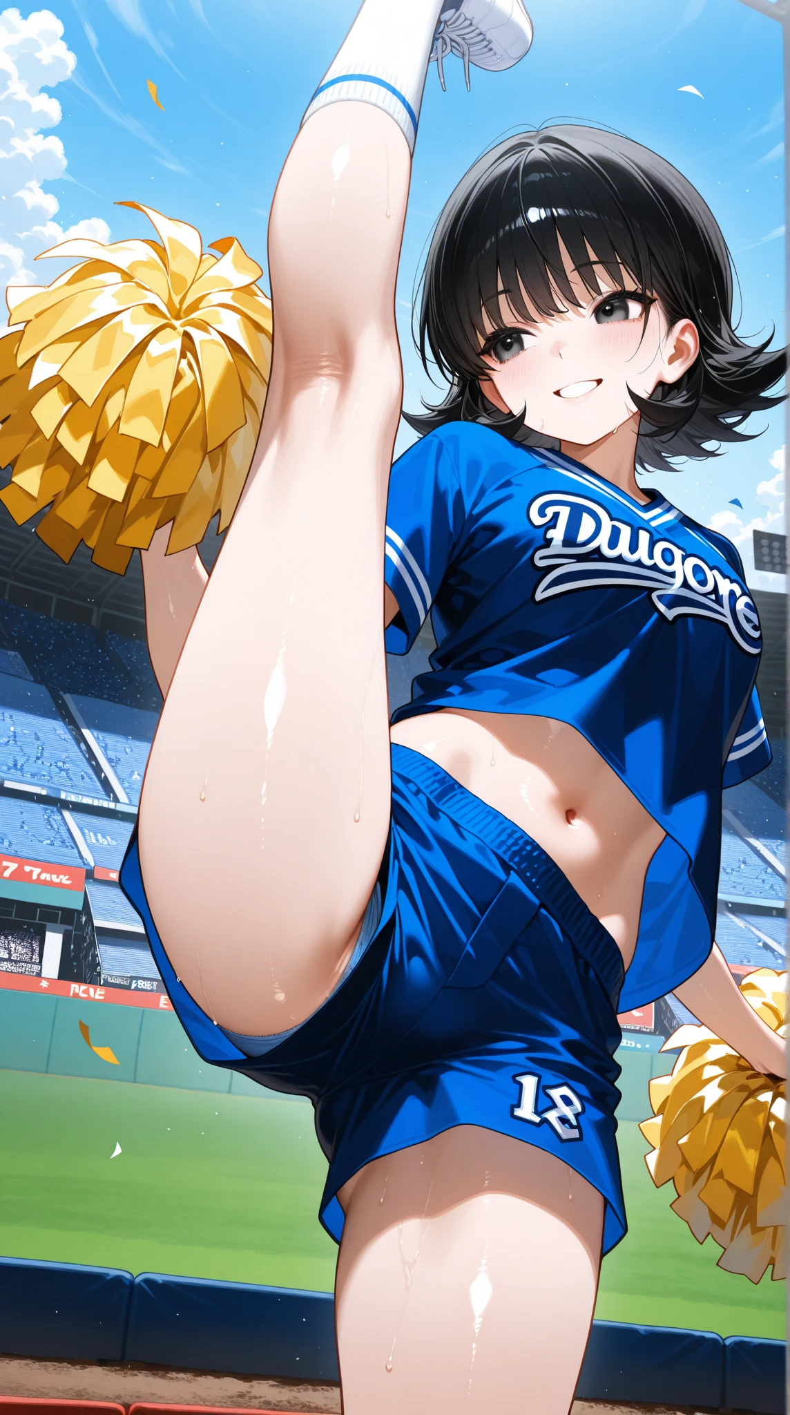 NSFW,masterpiece,Highest quality,High resolution,Very detailed,white\(no game No life\),Long Hair,Multicolored Hair,Hair between the eyes,Gradient Hair,Yellow Eyes,Small breasts,ponytail,(Cheerleader),See-through,Tank top,Crop top,Micro Mini Skirt,Groin,Hip joint,open crotch lace panties,Knee-high socks,Thigh straps,sports boots,baseball Ground,Audience seats,fence,Frustrated face,blush,Sticking out tongue,Sweat,sexual excitement,(Ecstasy face),((Squirting)),(orgasm),(Trembling),Are standing,Leg spread,(Remote Control Vibrator)