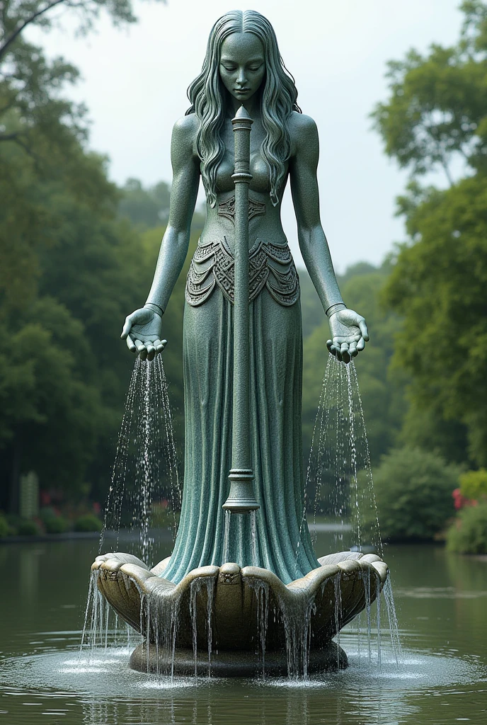 A photorealistic image of a large ceramic sculpture of an abstract human figure, where the body is formed by intertwining, ribbon-like shapes. The sculpture has a glossy, metallic glaze with reflections of the surrounding environment. The figure is displayed in an open-air museum, with a dramatic sky and distant mountains in the background, creating a striking contrast between the art and nature.