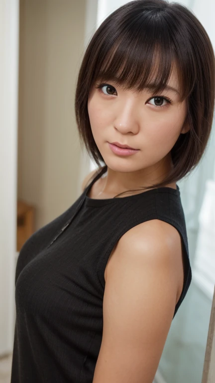 japanese woman, 30 years old, slender body shape, small breasts, very thin waist, beautiful face, beautiful eyes, black short hair, wearing a tight, short gray knit dress, sitting at a stylish cafe, I look back at you gently, 1 girl, alone, detailed face and eyes, small fingers and arms. full body photo. realistic, realistic.