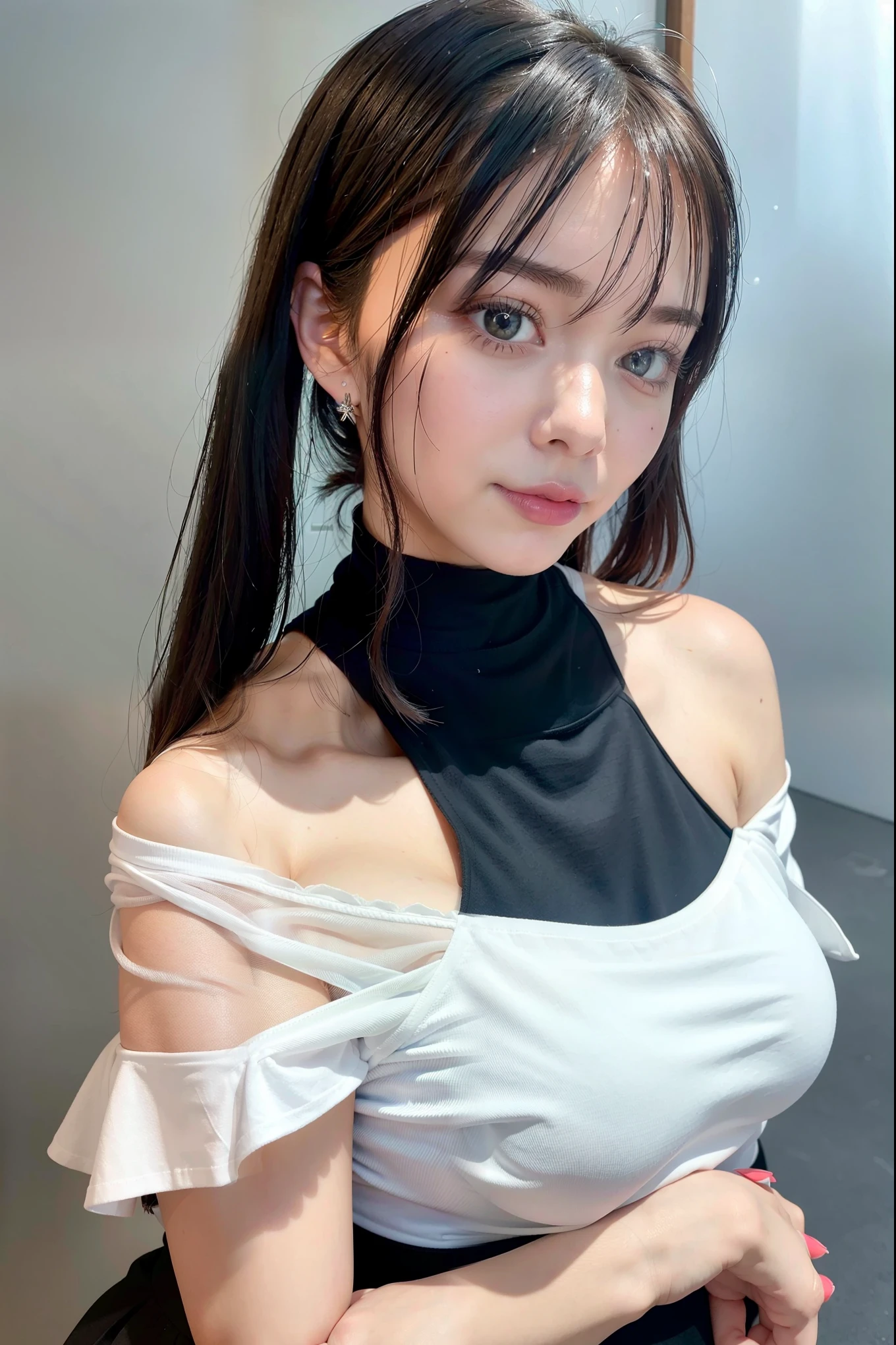 Highest Quality, ultra high resolution, (photorealistic:1.4), 1 girl, off-shoulder white shirt, Black Tight Skirt, Black Choker, ( showing faded ash gray hair:1), (Big Breasts:1.2), is watching the viewer, close-up