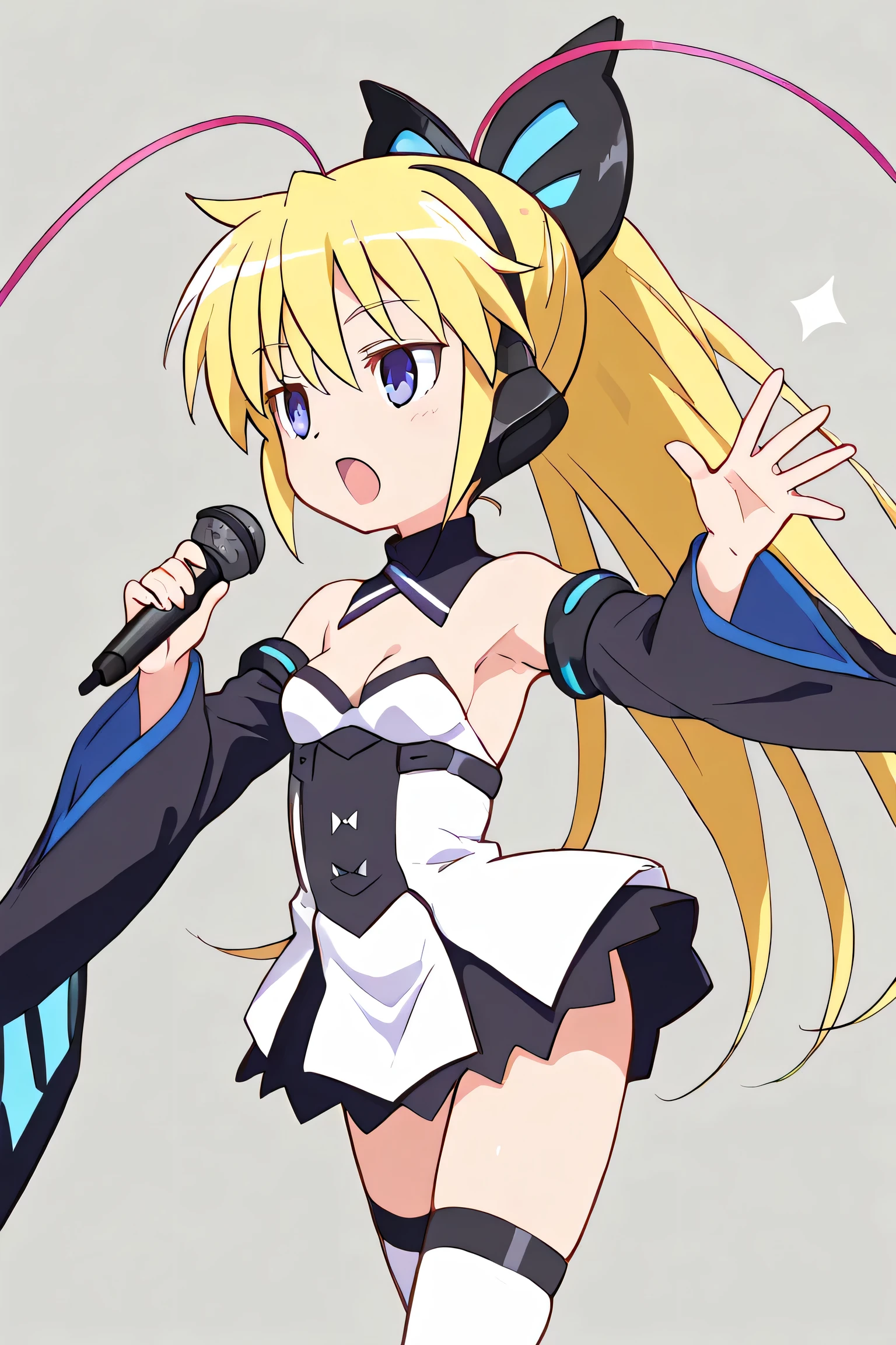 masterpiece, top quality 16k raw photo of Vocaloid3 Lily posing with guitar, blond hair blue eyes. navel look white skirt. black T-shirt. hand behind her head. gloves.
