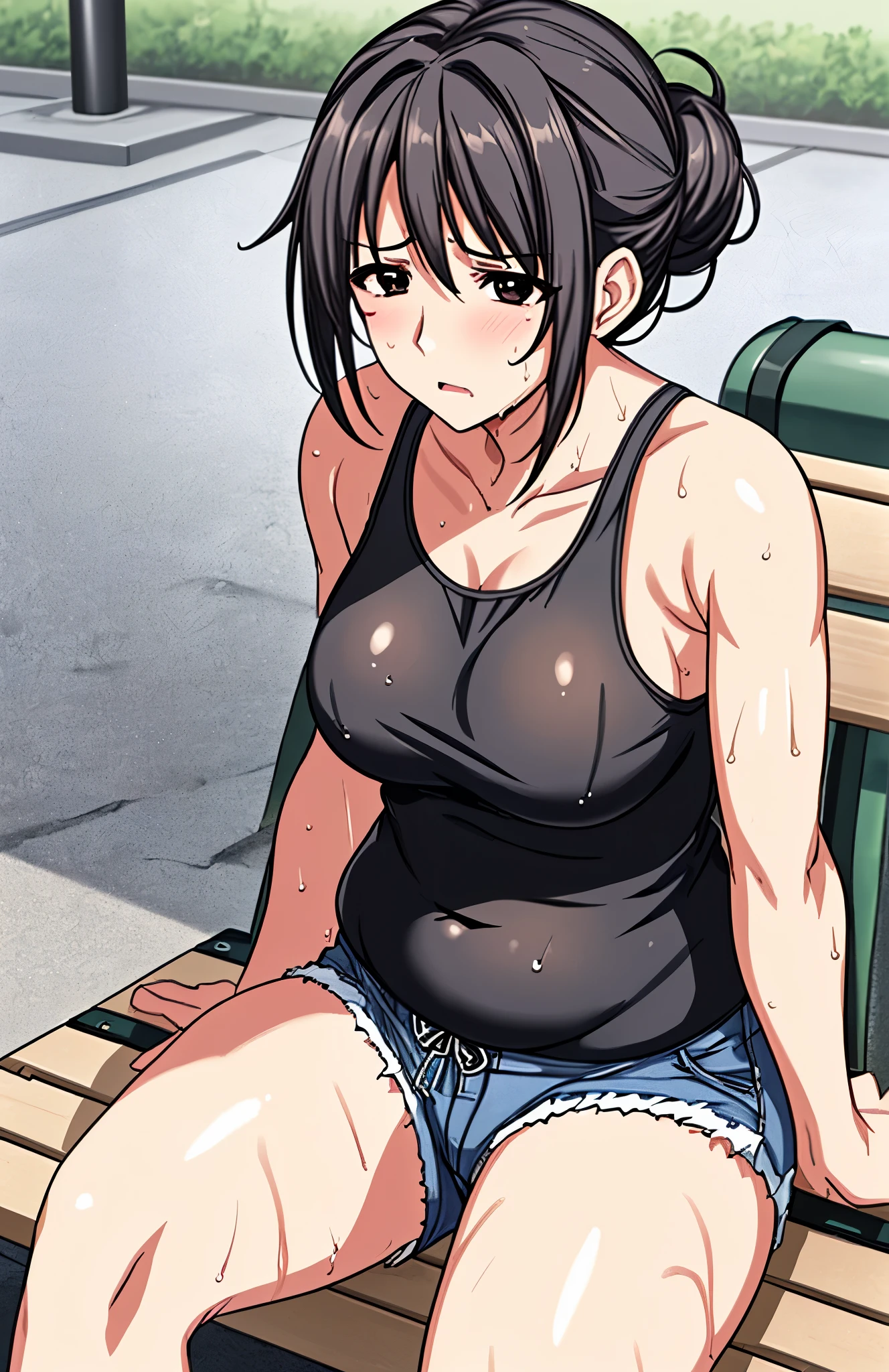 mature woman、One person image、45 age 、Hair tied up、black hair、Black eyes 、My whole body is sweaty、serious expression、 clothes are wet 、transparent tank top、shorts with belly puffs、bras are transparent、Taking a break。sit on the bench、legs are open、drink water、スポーツジムの背景solo, solo,