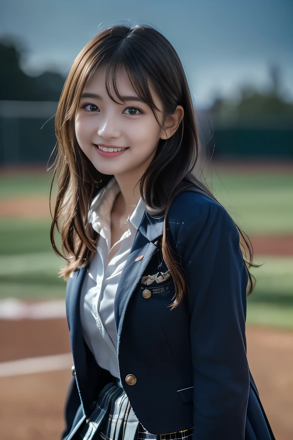 (Highest Quality、masterpiece、super quality、Super accurate 、UHD、ultra high resolution:1.2)、(16k、photorealistic、REAL AS IN THE PICTURES、 RAW photos 、f/2.8:1.uper realistic details、high detail、very detailed、Highest Qualityの影、depth of field、ray tracing:1.2)、(Baby Face、Pretty Girl High School Student、20 years old:1.uper cute face、One Nogizaka girl:1.3)、(impressive background of the baseball field {x} dynamic action、full body、stroll、Professional cinematography、low angle:1.agitales、double eyelids、beautiful, clear, dark eyes)、(natural makeup、crystal pendant for acting)、(big smile、happy:1.3)、(Brown Haired Short Bob、Shortcut、bungs、流したbungs:1.2)、(Perfect Anatomy、完璧な比率、Beautifully detailed body、Beautifully detailed hands and fingers、Beautifully detailed legs、 white skin、very detailedな肌と顔の質感:1.2)、(JK white shirt、 JK Plaid Pleated Skirt:1.4)、(JK Blazer Uniform、Female High School Student Uniforms:1.4)、(Night Park、Falling autumn leaves、fantastic、Mysterious、Night Scenery、starry sky:1.hopping、strollしてる女子高校生:1.4)、(Hair blowing in the strong wind、Skirt fluttering in the strong wind)、( beautiful Korean girl 、 movie-like lighting、professional lighting)