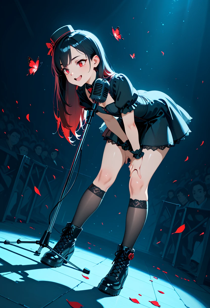 masterpiece, best quality), 1girl, 16yo, realistic, black dress, (red tie), goth, (white panties), panties over pantyhose, upskirt, lift skirt, (red electric guitar), standing, vibrant colors, abstract background, lines geometric, night, dark theme, high contrast, deep shadows