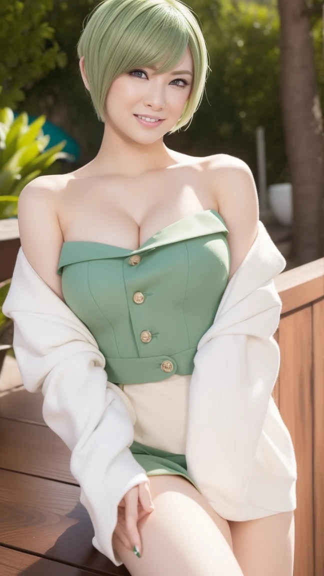 Highest quality, Realistic, Very detailed, finely, High resolution, 8k wallpaper, 1. Beautiful woman, One Girl, Perfect lighting, Green Hair, Inner Color,Side lighting, Detailed face, bangs, White skin,Great smile,Standing on the swings in the park、Wearing casual clothes and headphones, swinging on a swing,She is surrounded by serene nature、I can feel the fun.,Her face is a happy, satisfied smile,Warm lighting and a soft, blurred background、It creates a quiet and gentle atmosphere