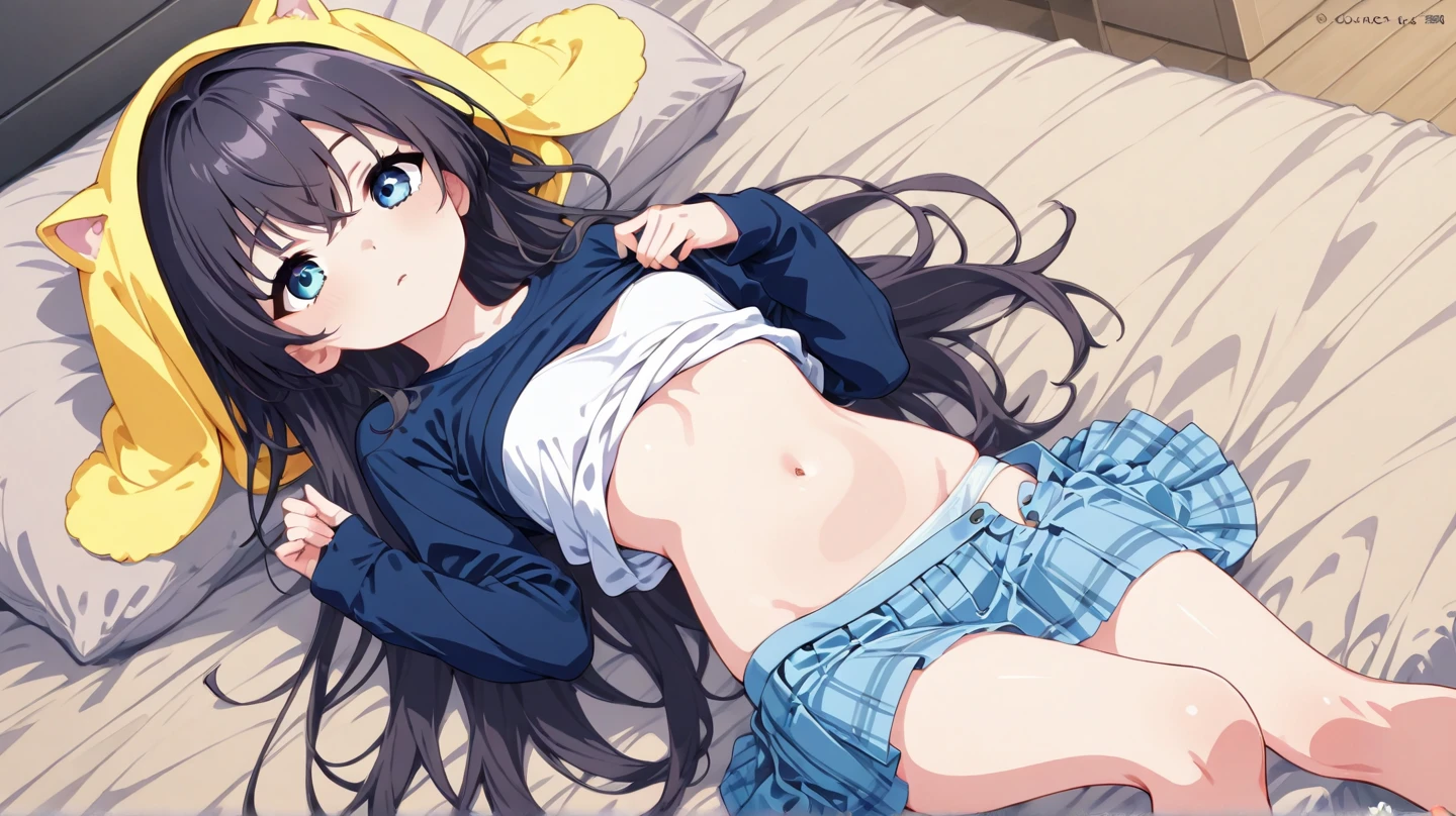 (child),(masterpiece,Top quality),sleeping in bed,Turquoise miniskirt with white plaid pattern,black hair,night,night景