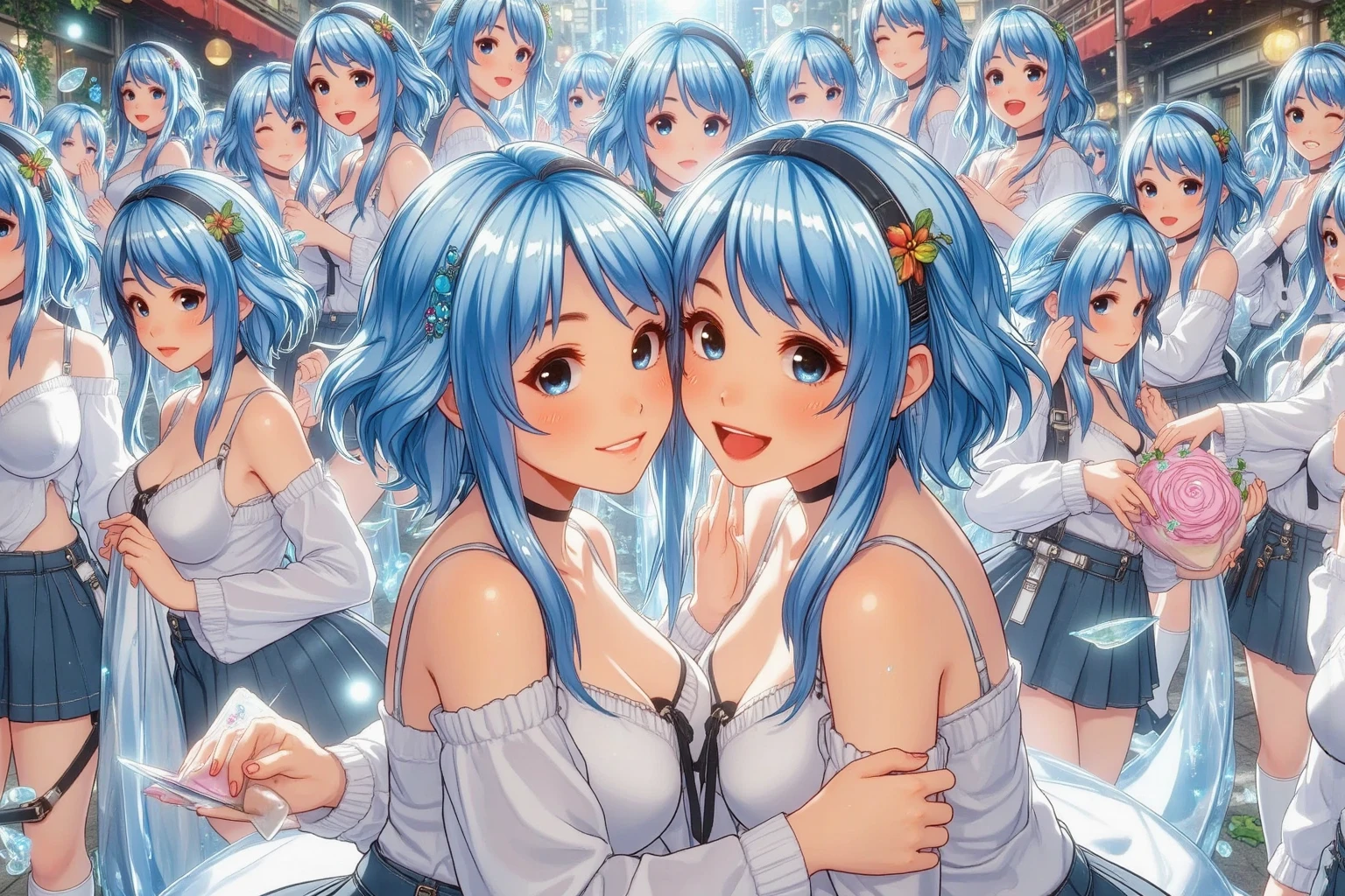 (masterpiece),(ultra-detailed), (high quality), (high resolution), (best quality:1.5, highres, UHD), highres, absurdo, ultra detail, ultra quality, Ultra resolution, 16k, ((2heads:1.5)), 1girl, anime girl with two heads, silver gray hair, ((blue t shirt)), casual wear, city background, smiling, shopping mall, teenage girl, vibrant lighting, blue skirt, glowing blue eyes