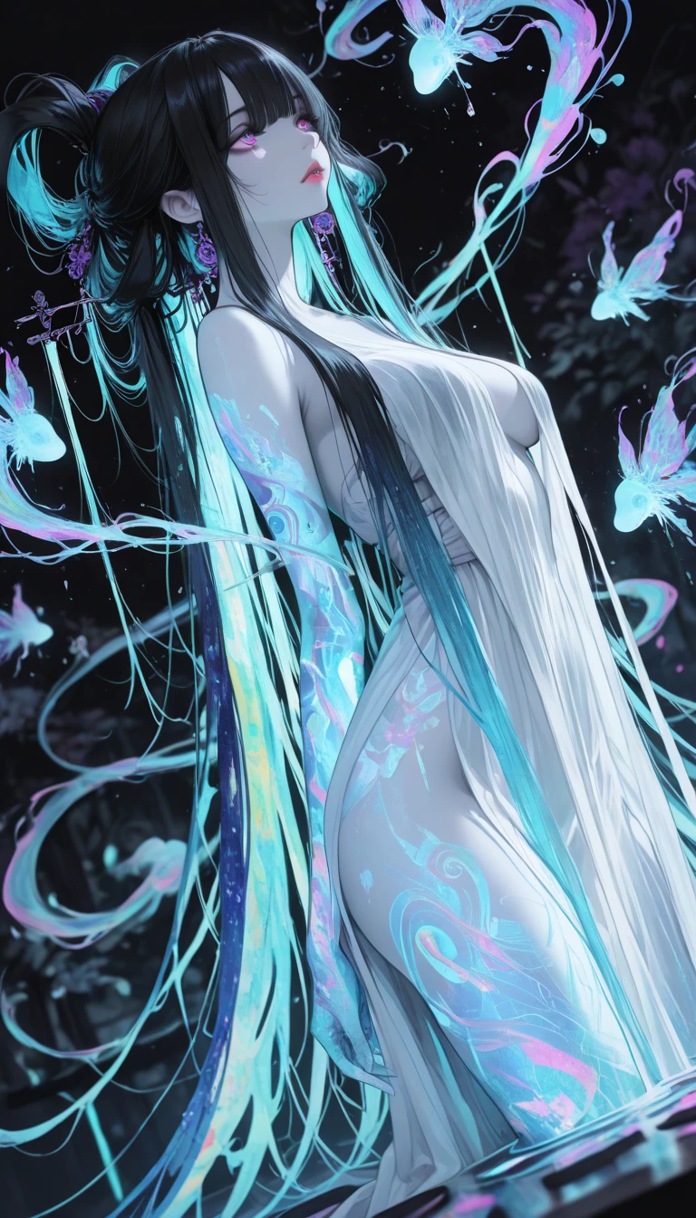 (Masterpiece), (Best Quality), ((A woman with intricately colored hair made up of flowers)), (Long hair), Cinematic lighting, High Contrast, (Ultra Detailed), Beautiful flowers, (shiny ultra black background), A realistic sculpture of wires Alberto Seveso, (fantasy art style), behance hd, 32k, realistic zbrush, ultra sharp