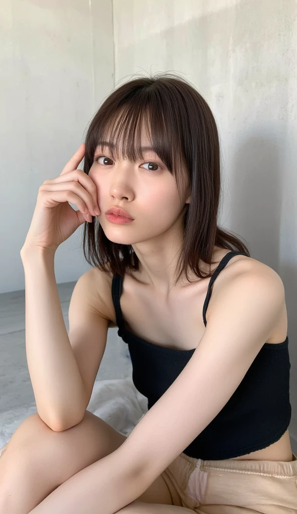 (8K、RAWE Photo、Highest quality、masterpiece:1.2)、(Real、Photorealistic:1.37)、Super detailed、Ultra-high resolution、1 girl、Beautiful detailed face、(Feather Cut: 0.6)、Professional Lighting、The lighting is bright、actress、model、Full body、Wide-angle shot、Daytime、bright、naked, simple background ,Simple Background、30-year-old woman、Mature Woman、Stand up straight、From the front、Standing still、