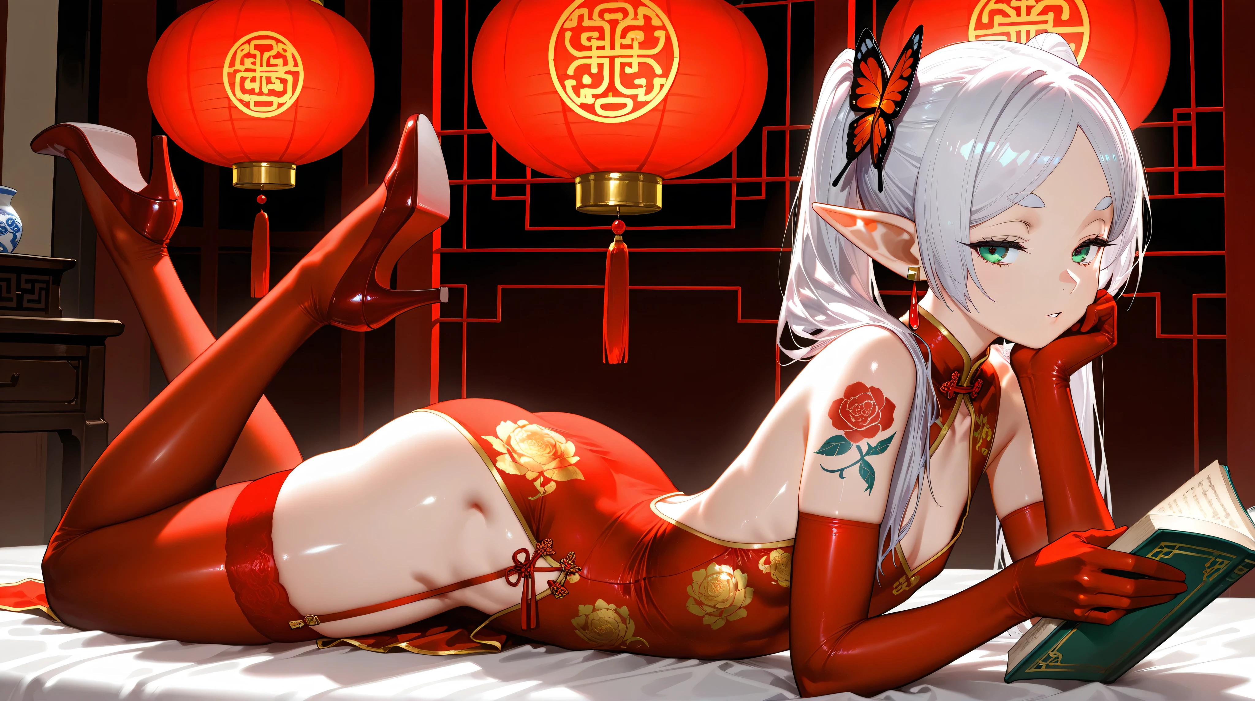 full body,1girl,frieren,pointy ears,elf,round face,green eyes,half closed eyes,flat chest,white hair,twintails,parted bang,parted lip,looking at viewer,flat chest,holding,head rest,holding book,reading,red theme,cleavage cut,(red qipao),china dress,chinese clothes,dress,collarbone,indoors,butterfly, butterfly hair ornament,leeveless,(backless dress),elbow gloves,china dress,chinese clothes,dress,earrings,gold floral print,on stomach,red garter straps,red thighhighs,red high heels,bare thighs,porcelain,gorgeous,window,arm tattoo,shoulder tattoo,masterpiece,best quality,newest,highres,absurdres,very awa,shiny skin,anime,masterpiece,best quality,newest,highres,absurdres,very awa,shiny skin,anime,(artist:mazjojo:0.67), (artist:pigeon666:0.83), (artist:zawar379:0.73), (artist:remsrar:0.65), nub1mo, (Yomu:0.3),(dino_(dinoartforame):0.5),(yoneyama mai:0.5),(quasarcake:0.4),(wlop:0.3)