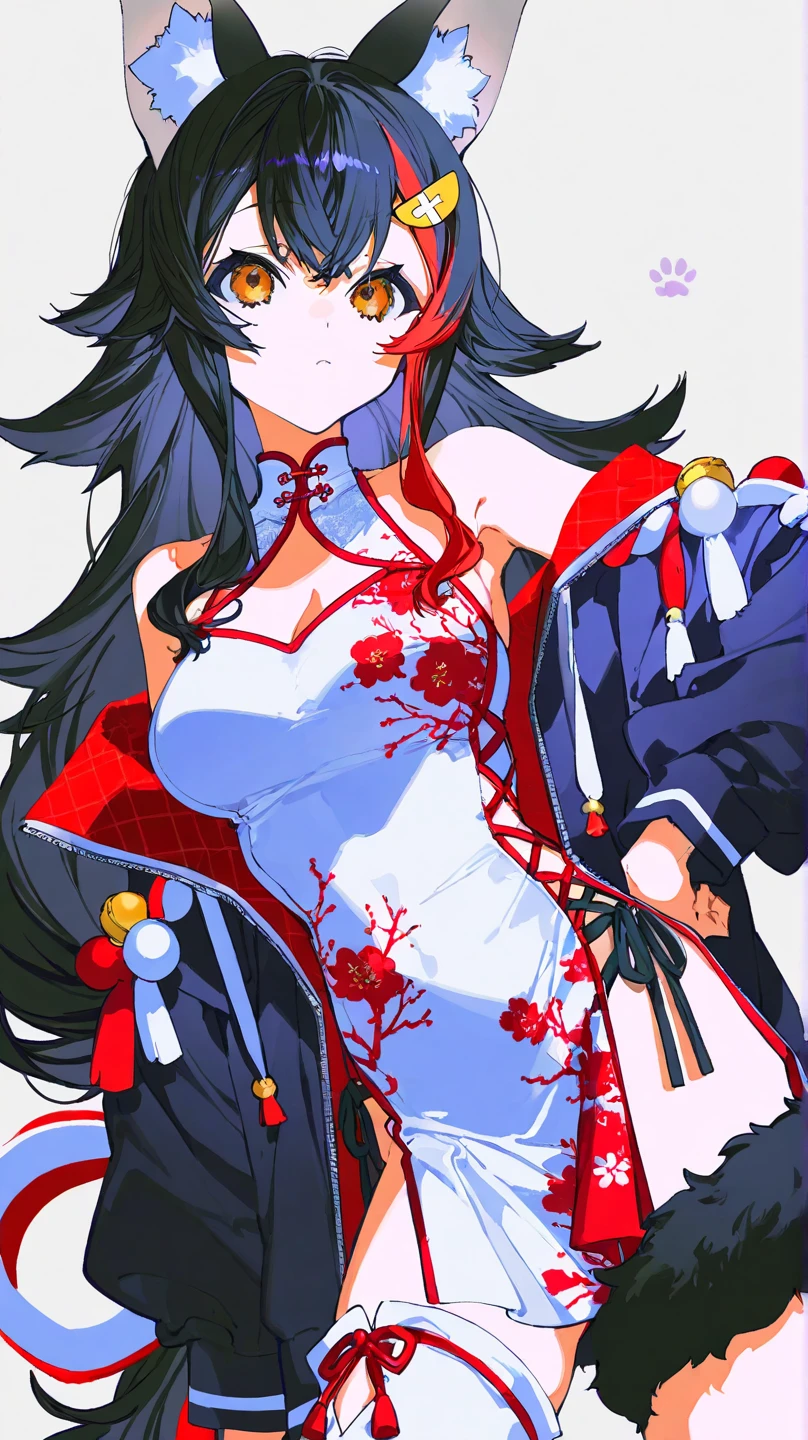 ((highest quality)), ((masterpiece)), (be familiar with),One female,Black Hair,Red eyes,White dress,Red pattern,Chest tattoo, Bewitching Smile,Black Hair,Hair tied around the neck,Blue shawl,Erect nipples,(whole body),Slanted Eyes