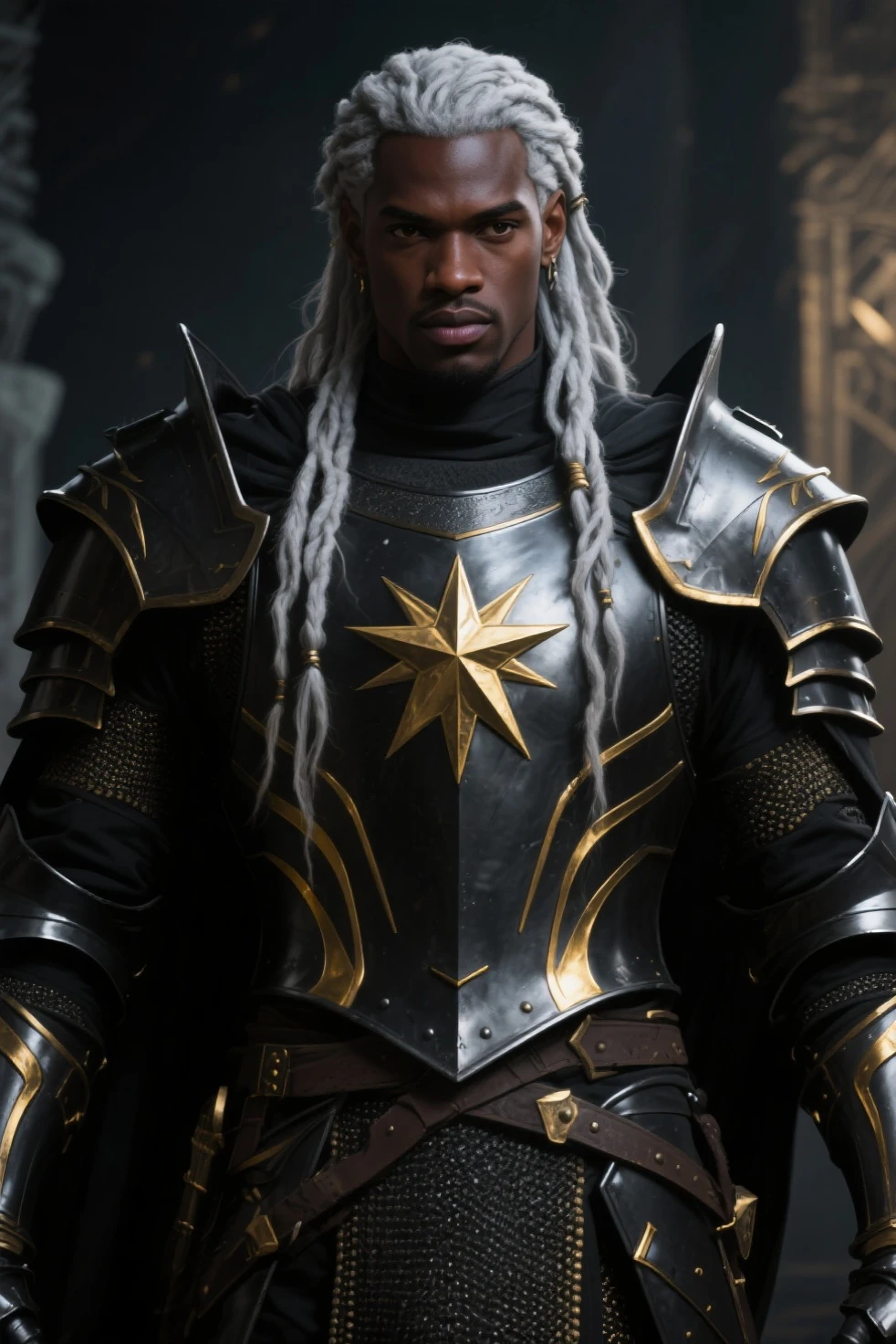 A dark elf rogue (male, pitch black skin, violet eyes, platinum hair, lean and muscular, wielding long sword and metal shield, chain mail, spider motif) is striking combat poses, deep magical dungeon