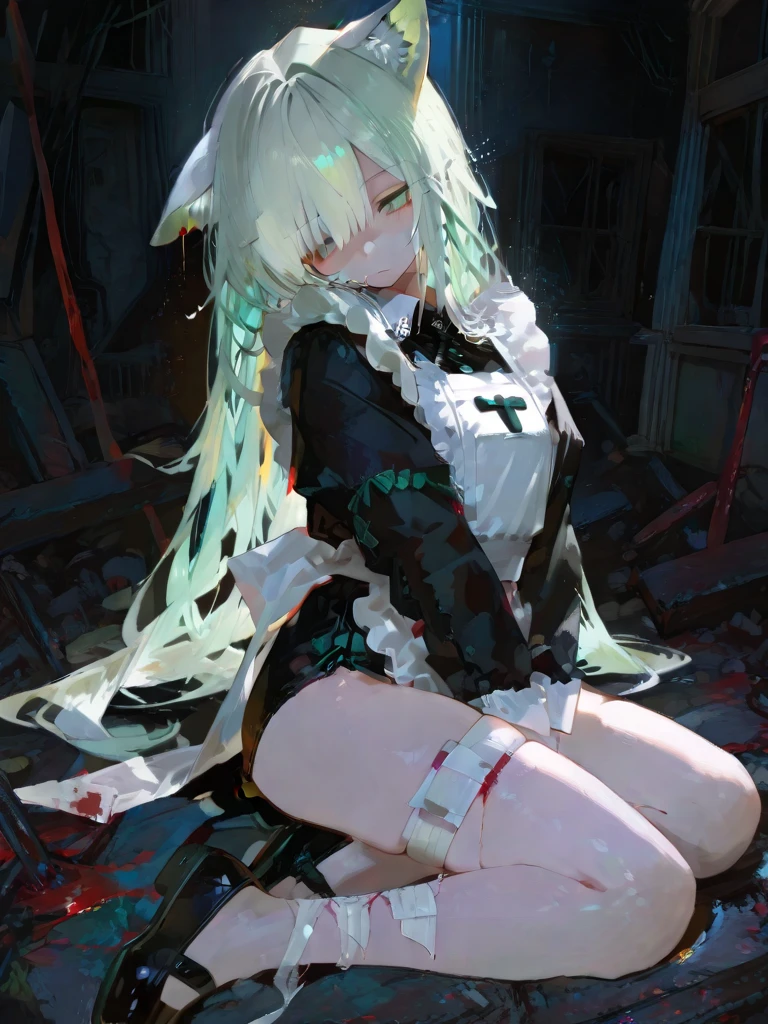 (indoors,abandoned prison cell,stone construction,cracks:1.4), (abandoned building,urbex:1.3), ((dark theme)),
(ultra-detailed,absurdres,absolutely resolution,highres:1.3), clothes reflecting light, cinematic lighting,
1girl, solo, BREAK
(torn clothes:1.4), (torn dress,torn skirt:1.3), (((torn))), dirty, ((dirty clothes)), BREAK
(((sitting on the floor,against the wall,leaning back))), (slouching:1.2), (pussy:1.3), (peeling wall:1.2), BREAK
(((tied_wrist,shackles,handcuffs,bound wrists,chain))), (arms up:1.3), ((Girl is chained)), bdsm, restrained, bondage, bound, BREAK
(cum in pussy:1.3), (creampie,cum_pool:1.4), A lot of semen is overflowing from her vagina, Semen is dripping on the floor, (((cum,after sex))), BREAK
(((constricted pupils))), (((surprised,horrified,scared))), drooling, (saliva trail):1.3, (streaming tears,crying):1.3, (open mouth):1.2, wide-eyed,
BREAK
multicolored hair, gradient hair, silver hair, pink dip-dye hair, long ponytail, very long hair, sidelocks, blunt bangs, hair ornament, BREAK
(white dress,red sleeves,cutwork:1.3), drape skirt, (perforated lace), perforated wide sleeves, BREAK
(wearing high heels:1.3), cross-laced footwear,