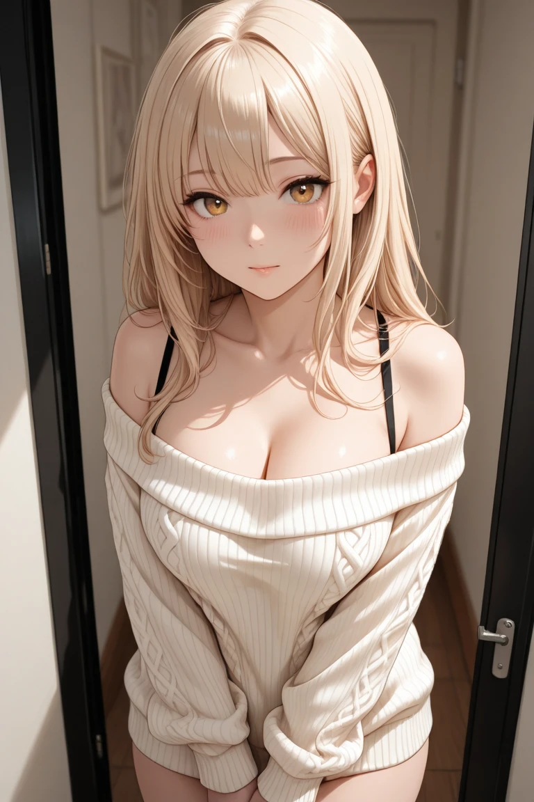 top-quality、Top image quality、masterpiece、girl with((18year old、Best Bust、big bast,Beautiful blue eyes、Breasts wide open, a blond、A slender,Large valleys、white sweater clothing、White pants、))hiquality、Beautiful Art、Background with((Nice and clean room.、pink floor mat、Wooden table、tee、Stylish bed)))、,masutepiece、visualart、depth of fields、