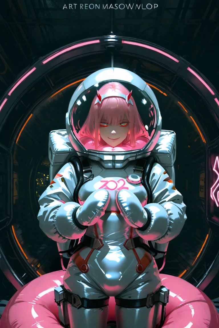 "Zero Two from Darling in the Franxx, wearing glossy black and pink heavy inflatable rubber armor with saber-themed details, tightly hugs an empty deflated rubber spacesuit against her chest. Her hands (covered by thick rubber mittens) grip the spacesuit's fabric, creating visible wrinkles and tension. Masochistic smile, glowing eyes visible through a transparent space helmet. Sci-fi background with neon lights, hyper-detailed texture, art by Yoji Shinkawa and WLOP, dynamic pose."