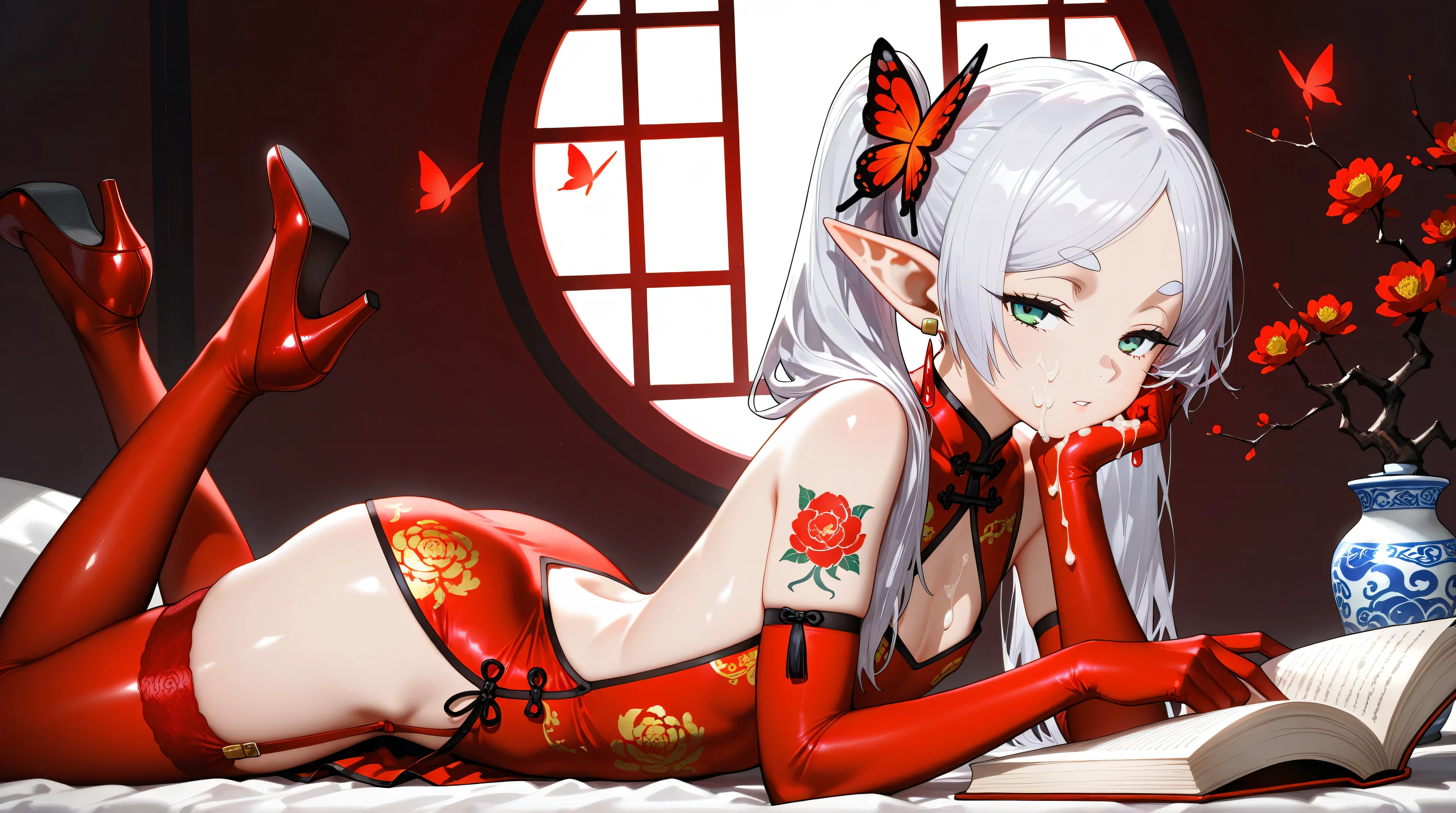 1girl,frieren,pointy ears,elf,round face,green eyes,half closed eyes,flat chest,white hair,twintails,parted bang,parted lip,looking at viewer,flat chest,holding,head rest,holding book,reading,red theme,cleavage cut,(red qipao),china dress,chinese clothes,dress,collarbone,indoors,butterfly, butterfly hair ornament,leeveless,(backless dress),elbow gloves,china dress,chinese clothes,dress,earrings,gold floral print,on stomach,cum on face,red garter straps,red thighhighs,red high heels,bare thighs,porcelain,gorgeous,window,arm tattoo,shoulder tattoo,masterpiece,best quality,newest,highres,absurdres,very awa,shiny skin,anime,masterpiece,best quality,newest,highres,absurdres,very awa,shiny skin,anime,(artist:mazjojo:0.67), (artist:pigeon666:0.83), (artist:zawar379:0.73), (artist:remsrar:0.65), nub1mo, (Yomu:0.3),(dino_(dinoartforame):0.5),(yoneyama mai:0.5),(quasarcake:0.4),(wlop:0.3),(nsfw),nude