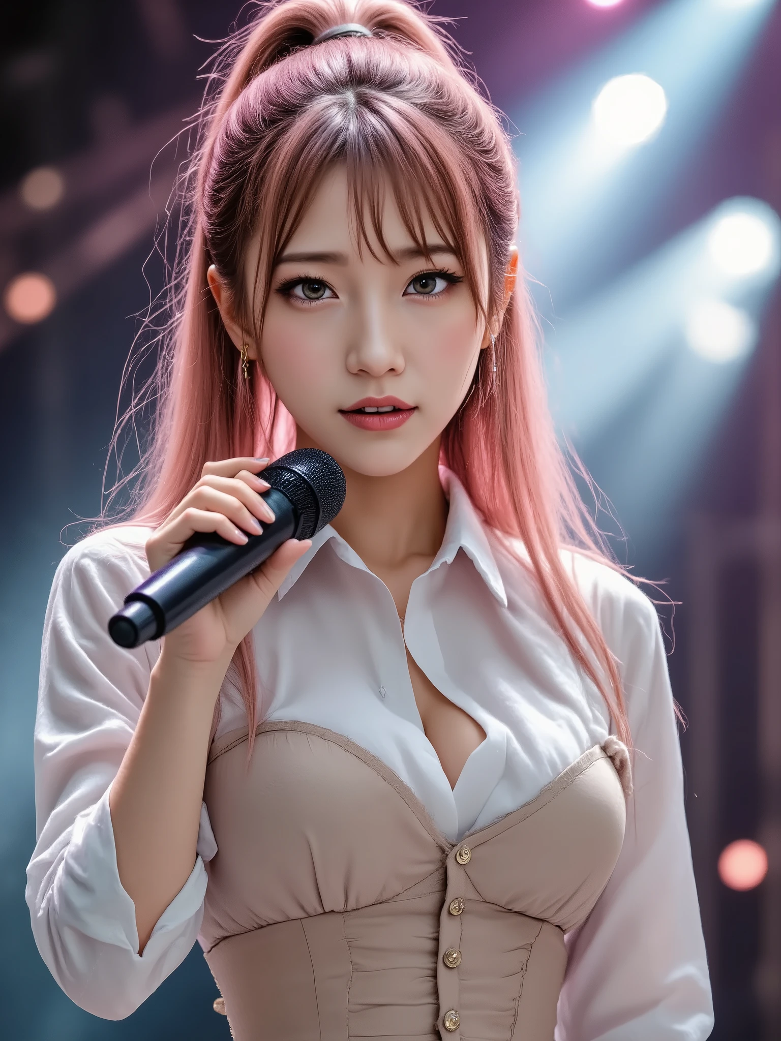 Rock Girl、((Realistic Light, Highest quality, 8K, masterpiece :1.3)), Frank, One girl, Beautiful woman with perfect figure :1.4, uhd.Super detailed description、Supermodel proportions、Take to the stage、Cleavage、Cleavage、Show off as much skin as possible、Silk clothing、The best stage、stir up the audience、active random pose、Sing to the viewer、Beautiful embroidered floral clothing、