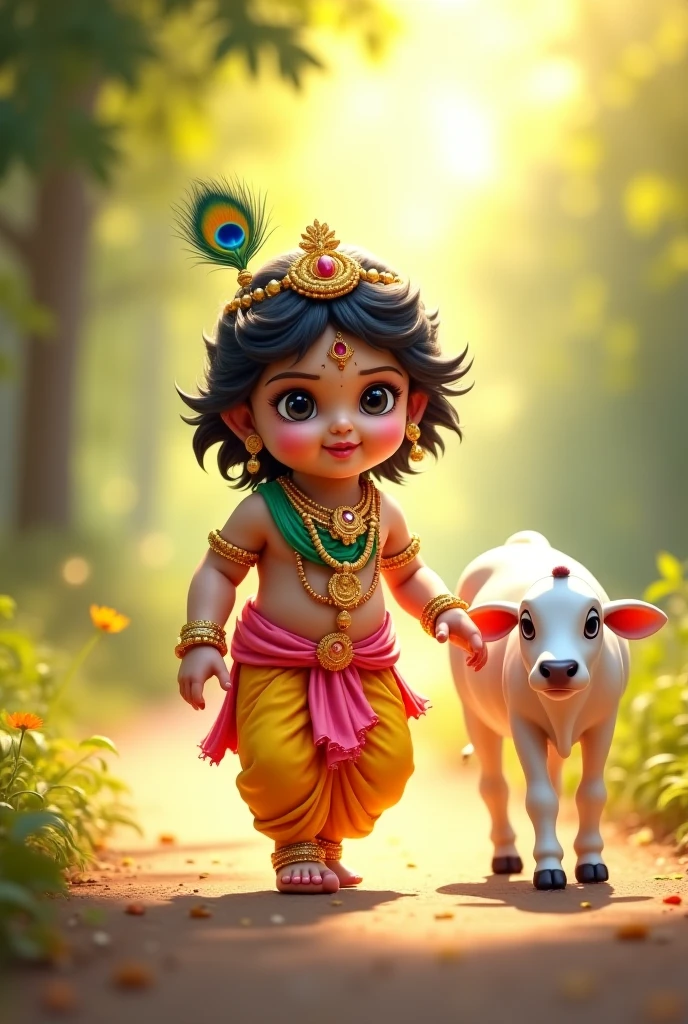 Generate image for wishing krishna janamashtmi including lord kriahna baby form which is sweet, elegant, graceful, full of divinity and bliss. It should not include dark colour in majority . Make it a beautiful scenic image which include cows, butter and peacock feather on krishna's head . Make this image heart warming