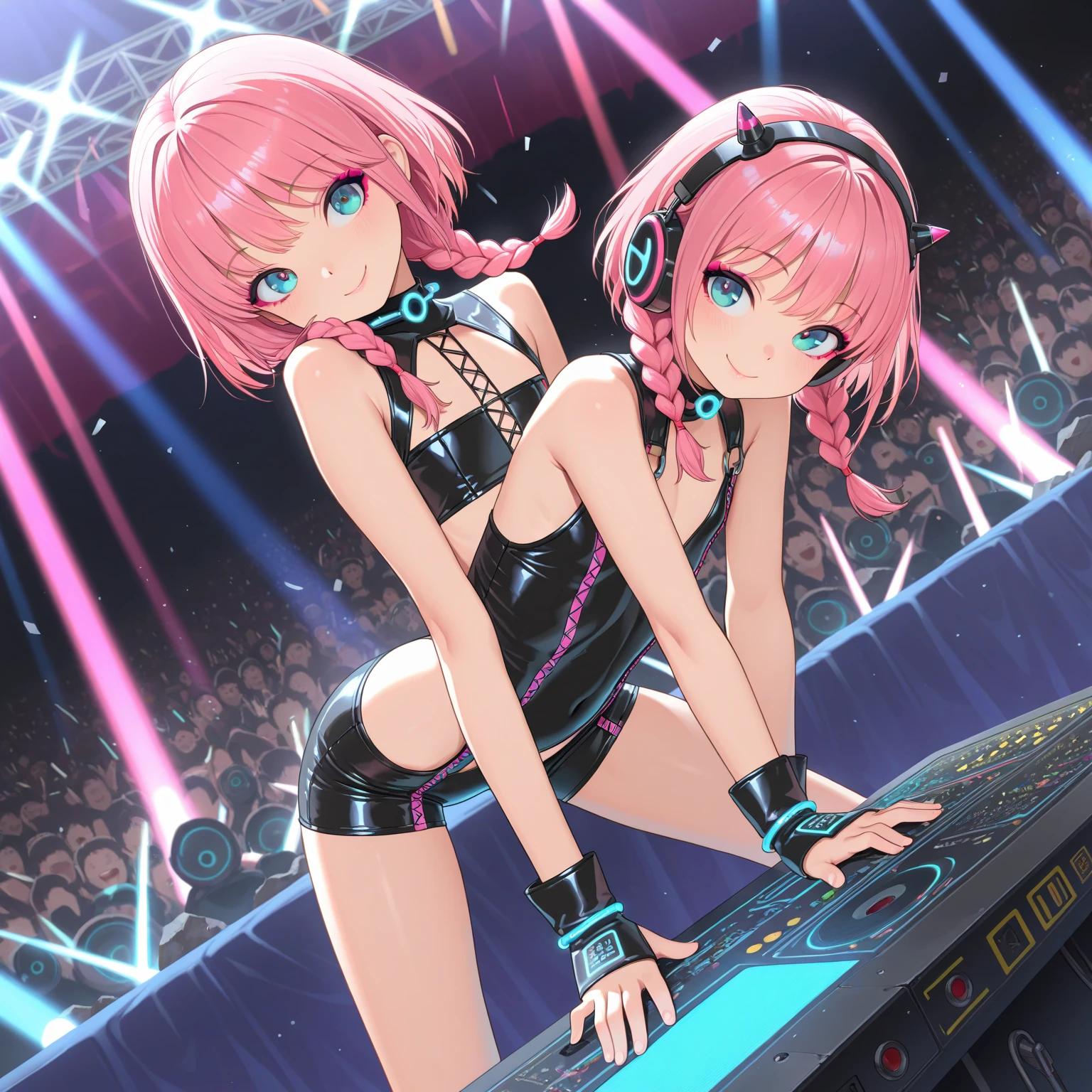 best quality, masterpiece, highres, detailed, perfect anatomy, multicolored hair, hairband, happy, heterochromia, cowboy shot, curtsey, (braid:1.2), animal ears, animal tail, cat ears, cat tail, dog ears, dog tail, fox ears, fox tail, (masterpiece), science fiction, scenery, 1girl, smile, multicolored hair, heterochromia, headgear, dj, dj booth, booth, neon lights, stage, short hair, twintails, sound board, neon pallete,