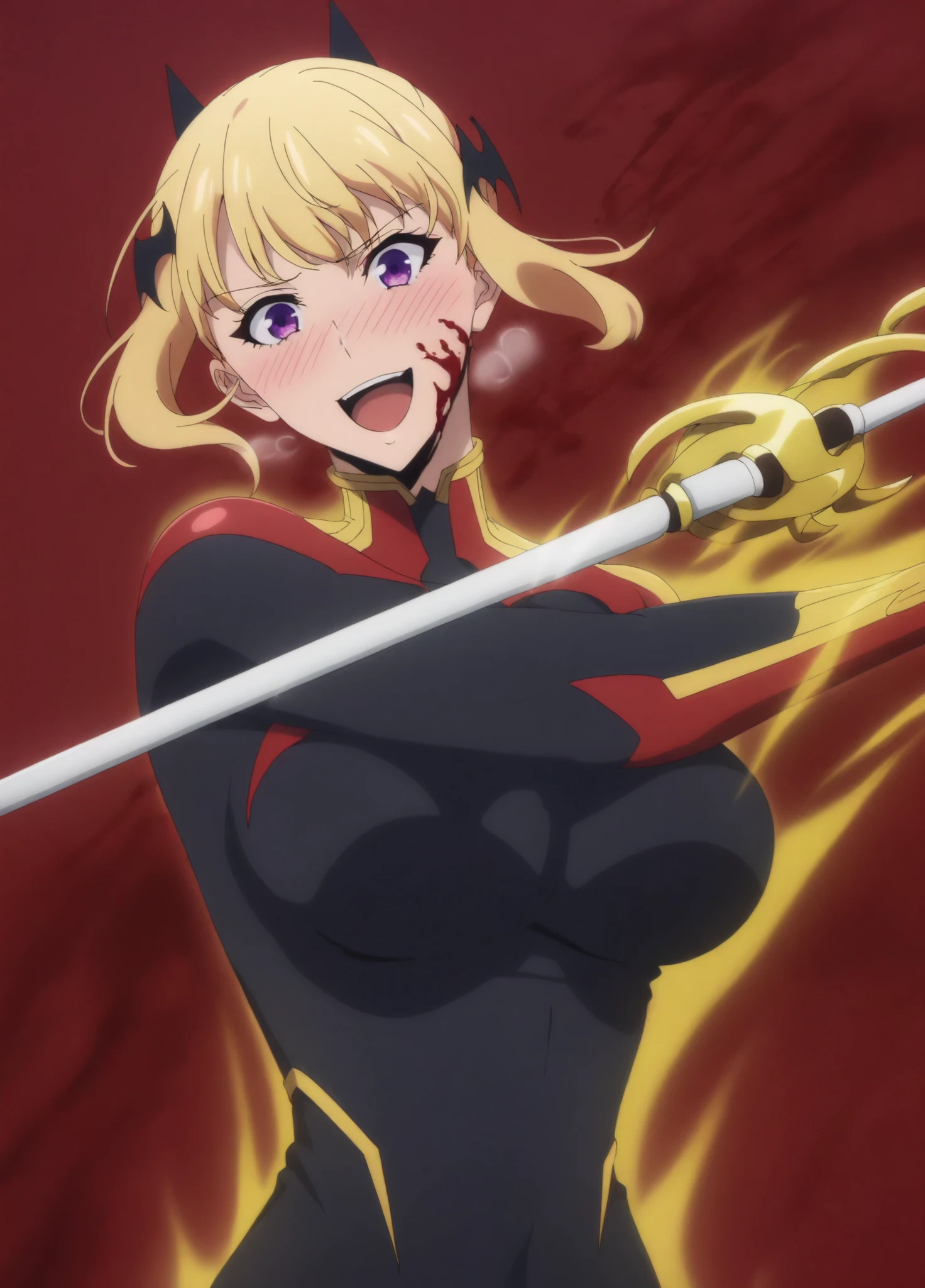 (simple background, red background, blood on background),
head tilt,
anime screencap,anime coloring,
(masterpiece, best quality:1.2),
haein2, 1girl, solo, blonde hair, purple eyes, short hair, bodysuit, open mouth, looking at viewer, hair ornament, breasts, bat hair ornament, black bodysuit,large breasts, rapier, clenched teeth, fighting stance,
Yellow aura, manic smile, blushing face, ragged breathing,
