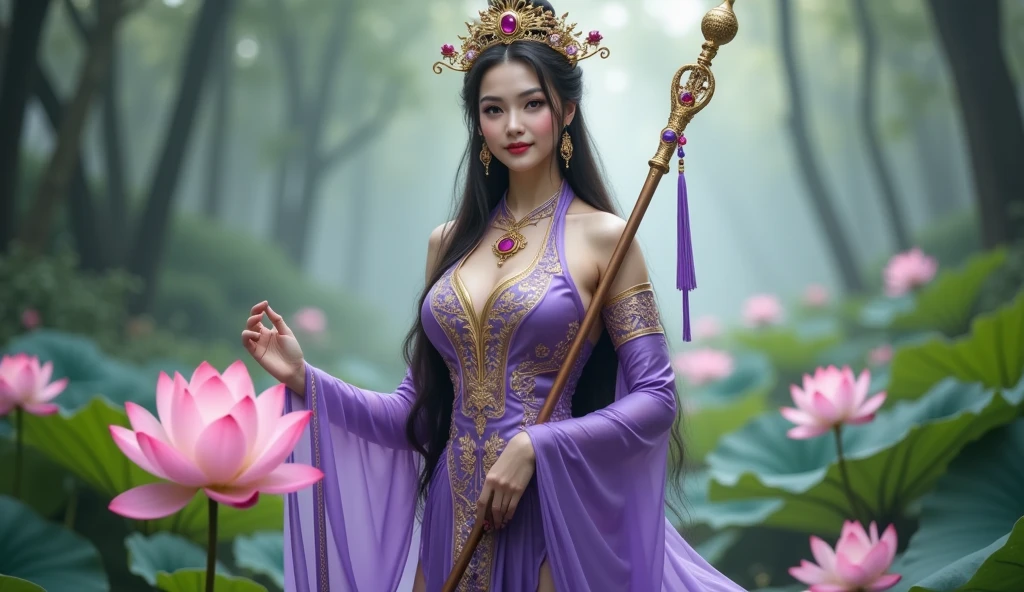 A close-up of a woman in a sexy transparent white gold low-cut lace armor with big breasts and a lotus flower in her hand, head jewelry, violet necklace, jade belt , Toned abs, a beautiful fantasy empress, ((a beautiful fantasy empress)), beautiful celestial wizard, Beautiful character painting, full body xianxia, portrait, Knights of the Zodiac, , by Yang J, G Liulian's art style, fantasy art style, foreshortening