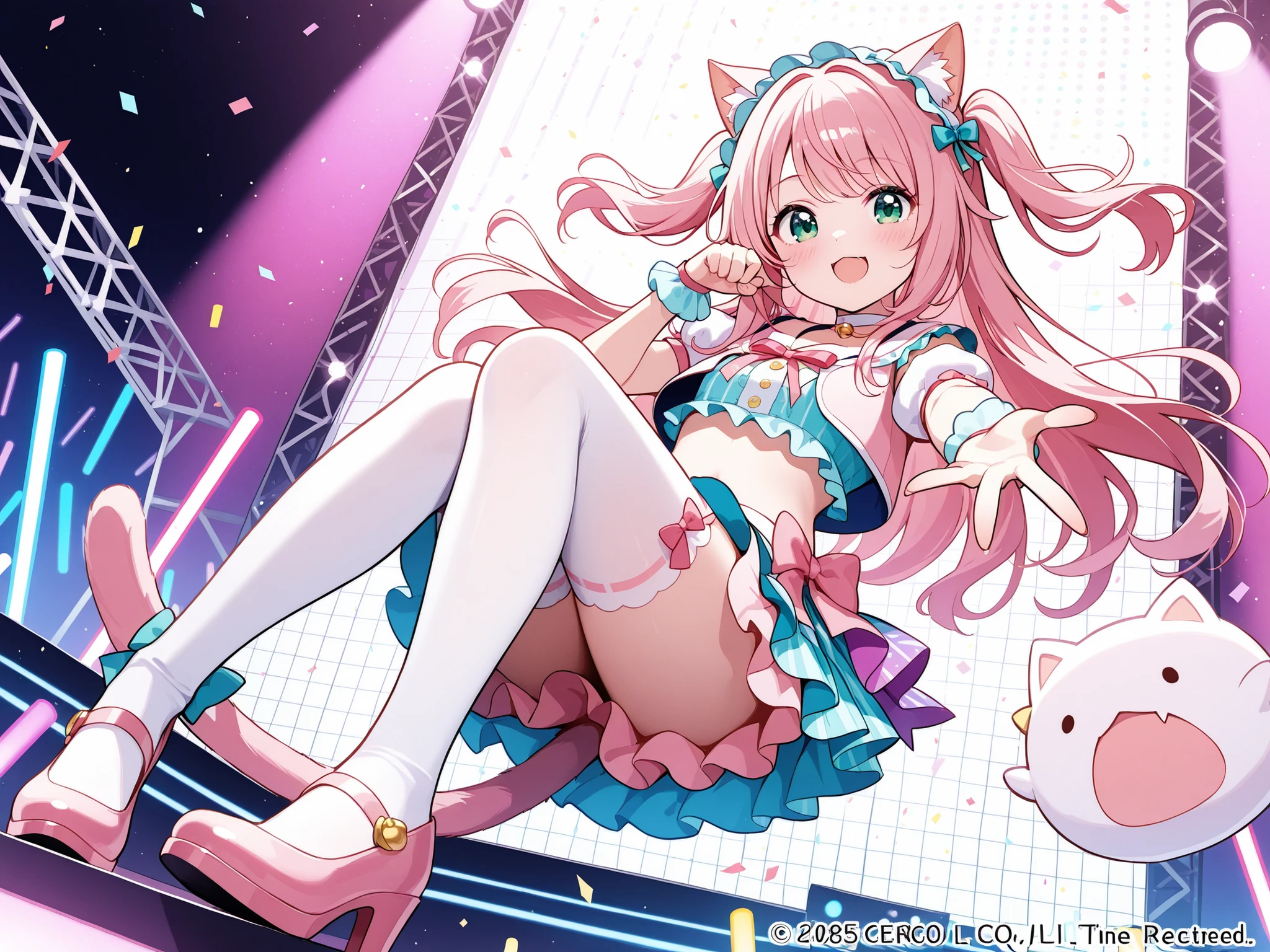 best quality, very detailed,1 woman, alone, ((cure_prism_hirogaruskyprecure)), long hair, green eyes, pink hair, forehead, black bow, 1 woman, give, looking at viewer, earring, Black latex miniskirt with frills, , black patent boots, open, mouth, cruelty looking at viewer, evil laugh, devilish grin, (shiny fabric:1.5), full body shot, purple gem, seductive pose, blush, (beautiful detailed eyes:1.6), very detailed 얼굴, perfect lighting, detailed shadows, very detailed cg, ((perfect hands, complete anatomy)),shiny material, black ribbon, black satin gloves, (((Pussy exposed))), (((exposed breasts)))