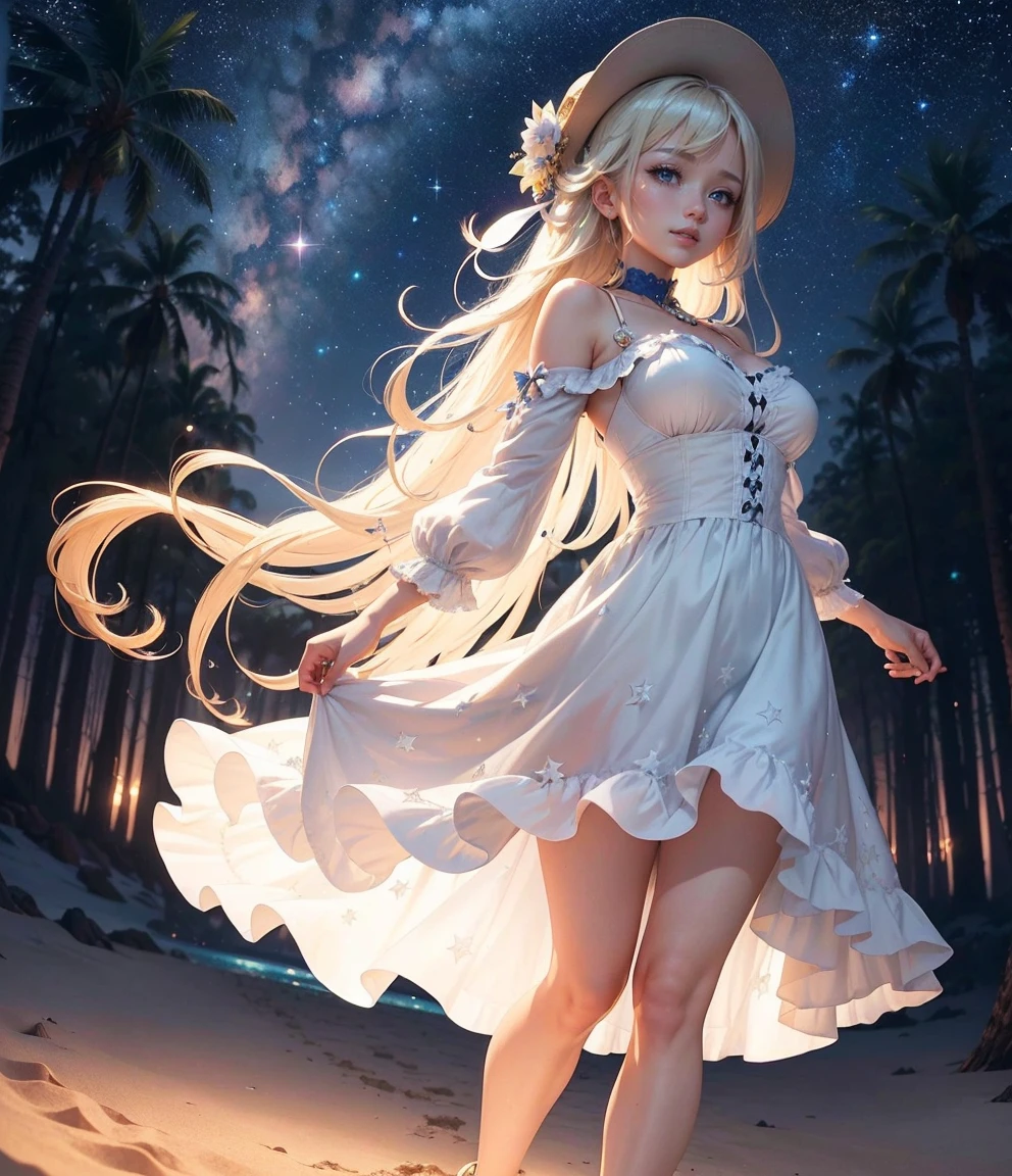((Quality: masterpiece, best quality, UHD, anatomically correct, photo realism, textured and detailed skin, skin pores, skin imperfections, textured and detailed hair, volumetric lighting, hyper realistic and detailed background, 30 years old, solo)), whimsical and creative artist woman with a palette of vibrant colors and dreamy sunset theme, ((under a full moon)), stars, planets, sun, moon, sparkles, (((bright, pastel colours))), unconventional clothing